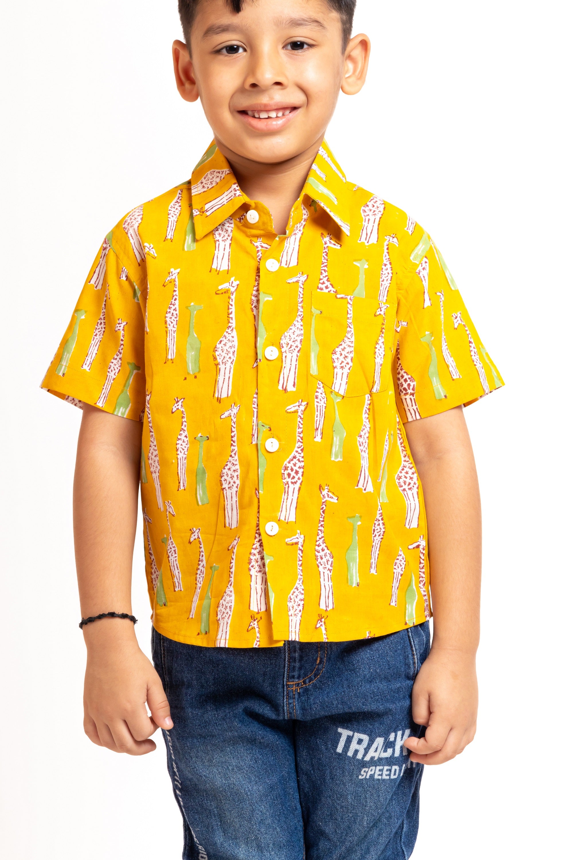Block Printed Boy's Shirt Giraffe Yellow