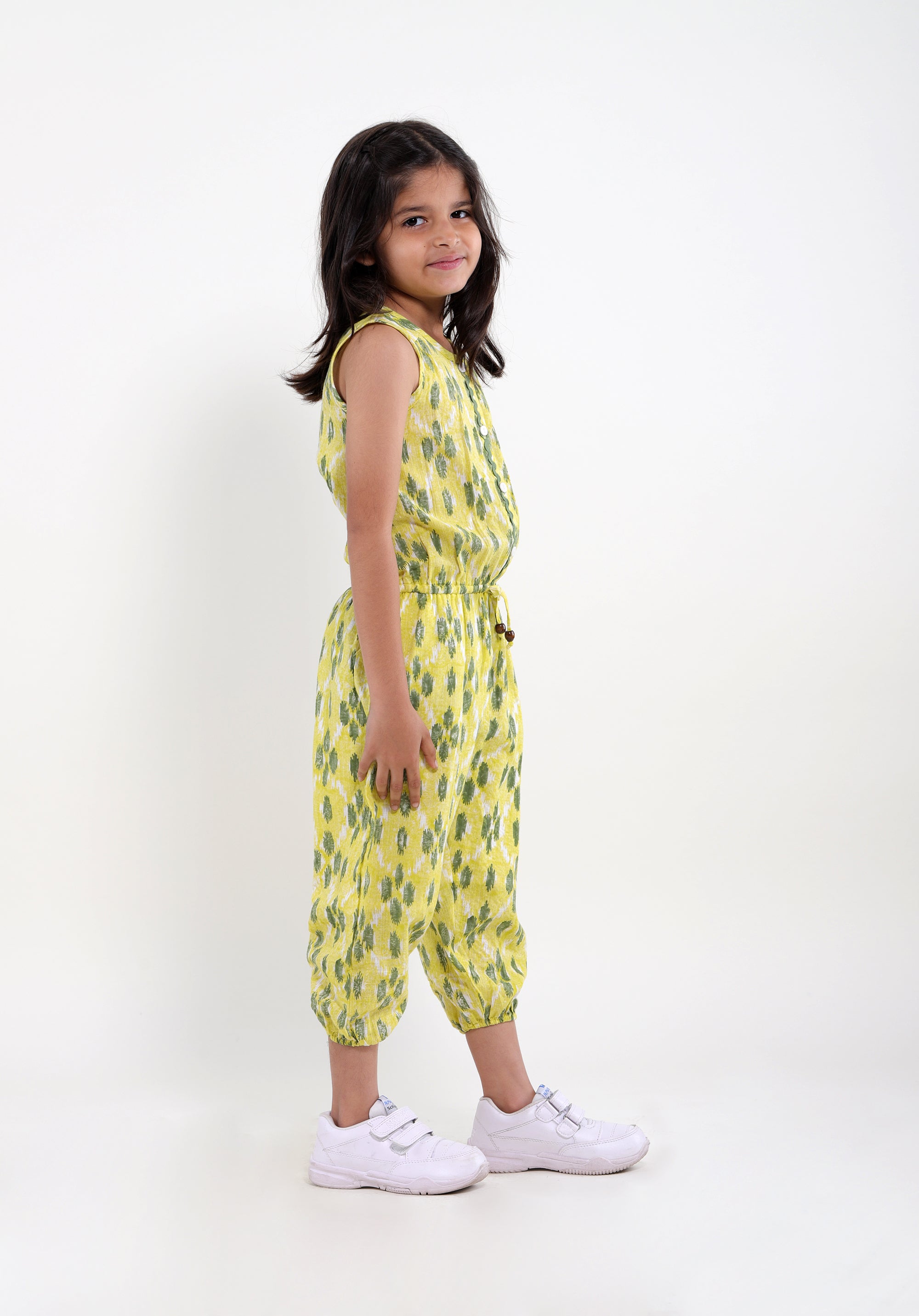 Girl's Block printed Jumpsuit Molly ikkat kantha Yellow