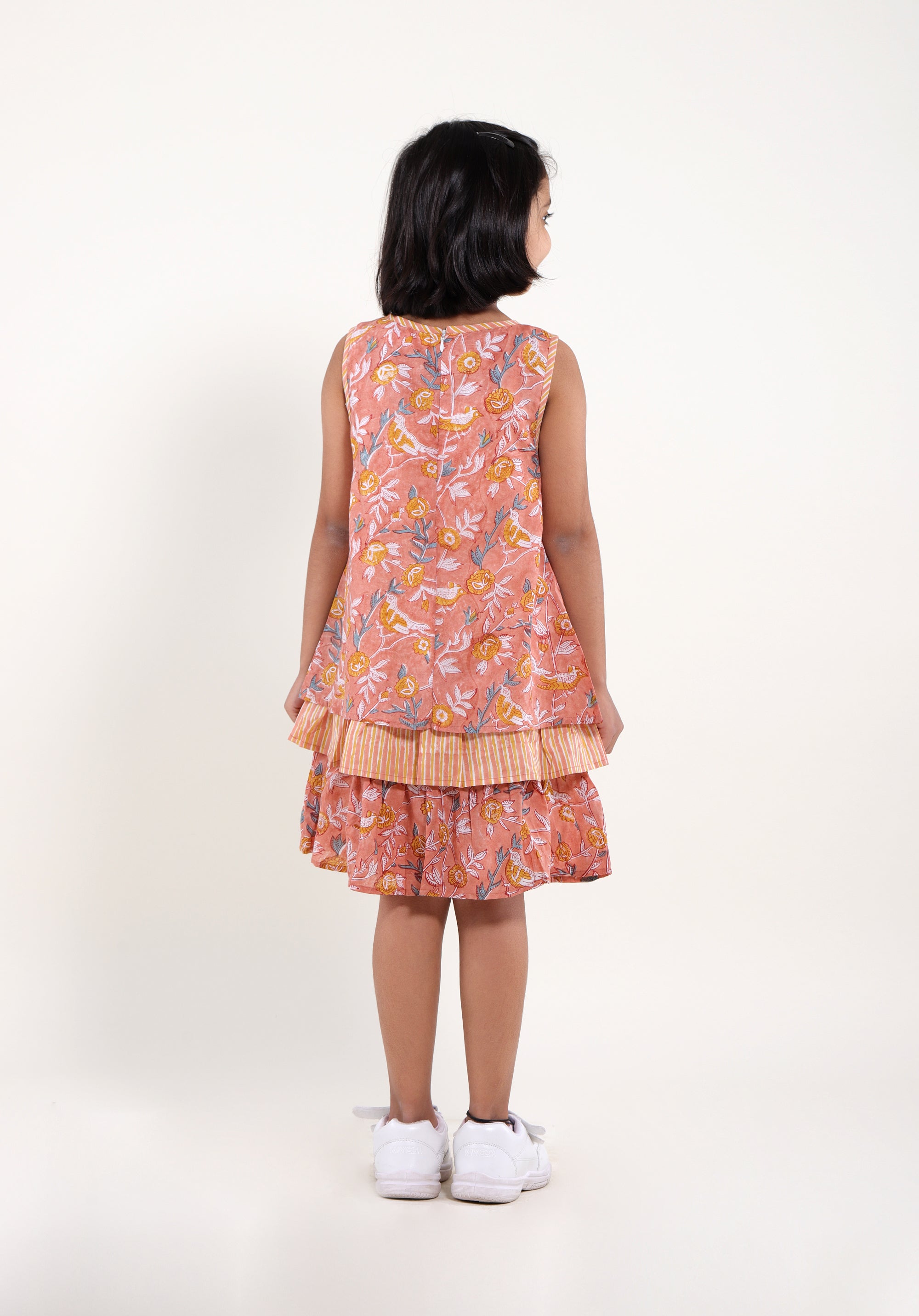 Girl's Block printed Dress Chavi Bird Jaal Peach