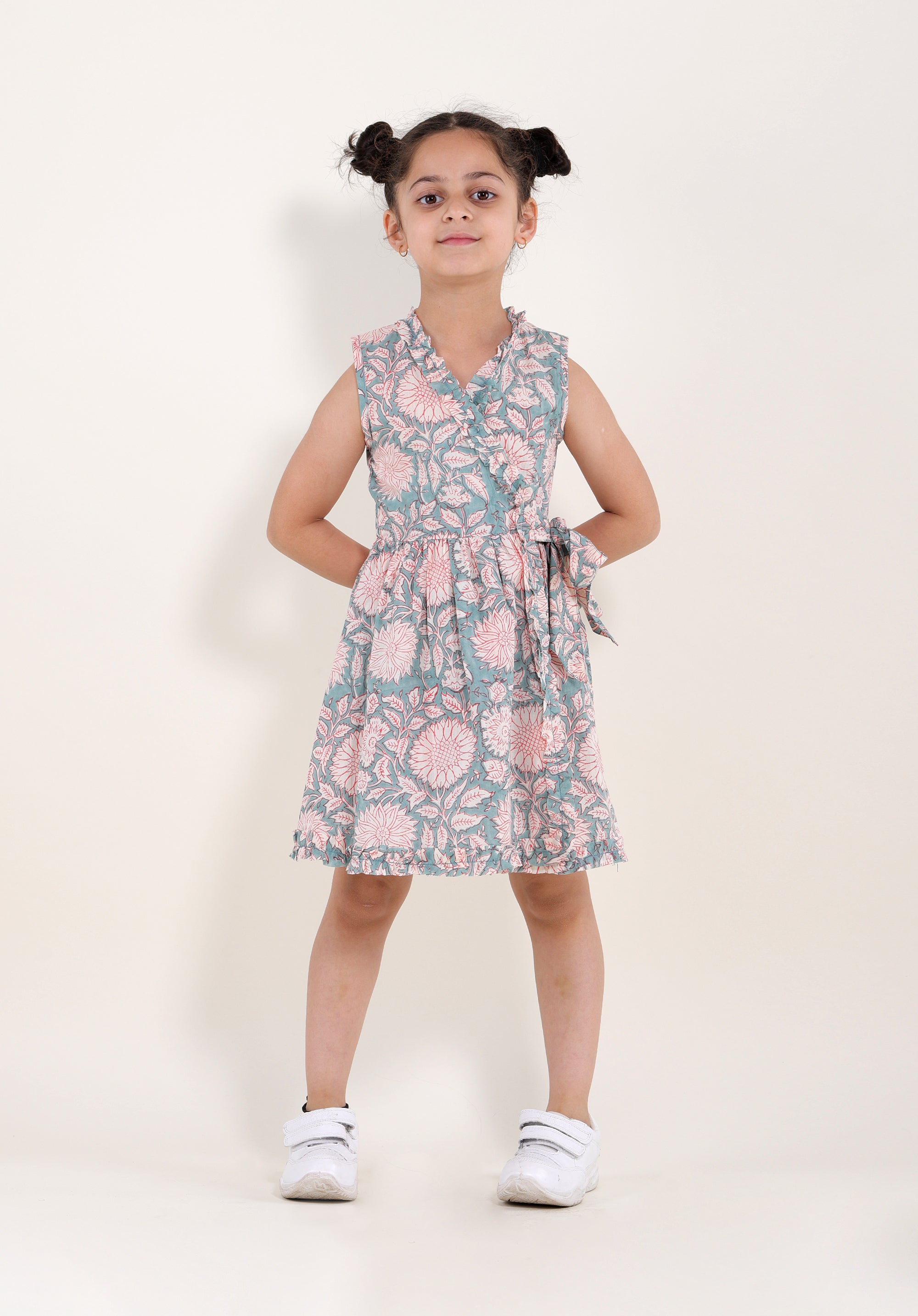 Girl's Block printed Dress Garima Floral Blue