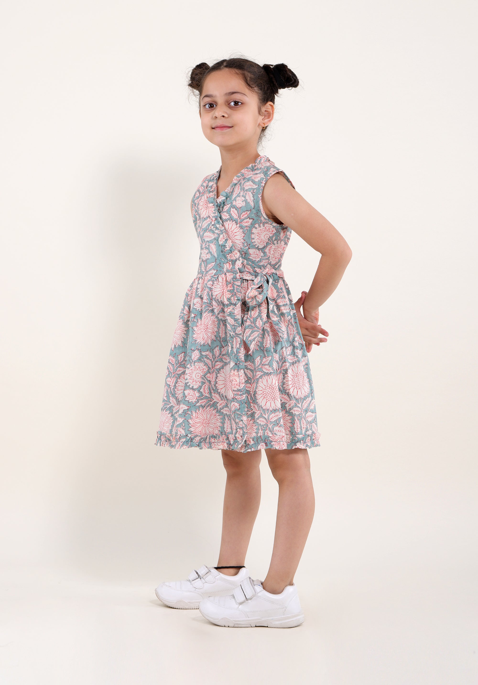Girl's Block printed Dress Garima Floral Blue