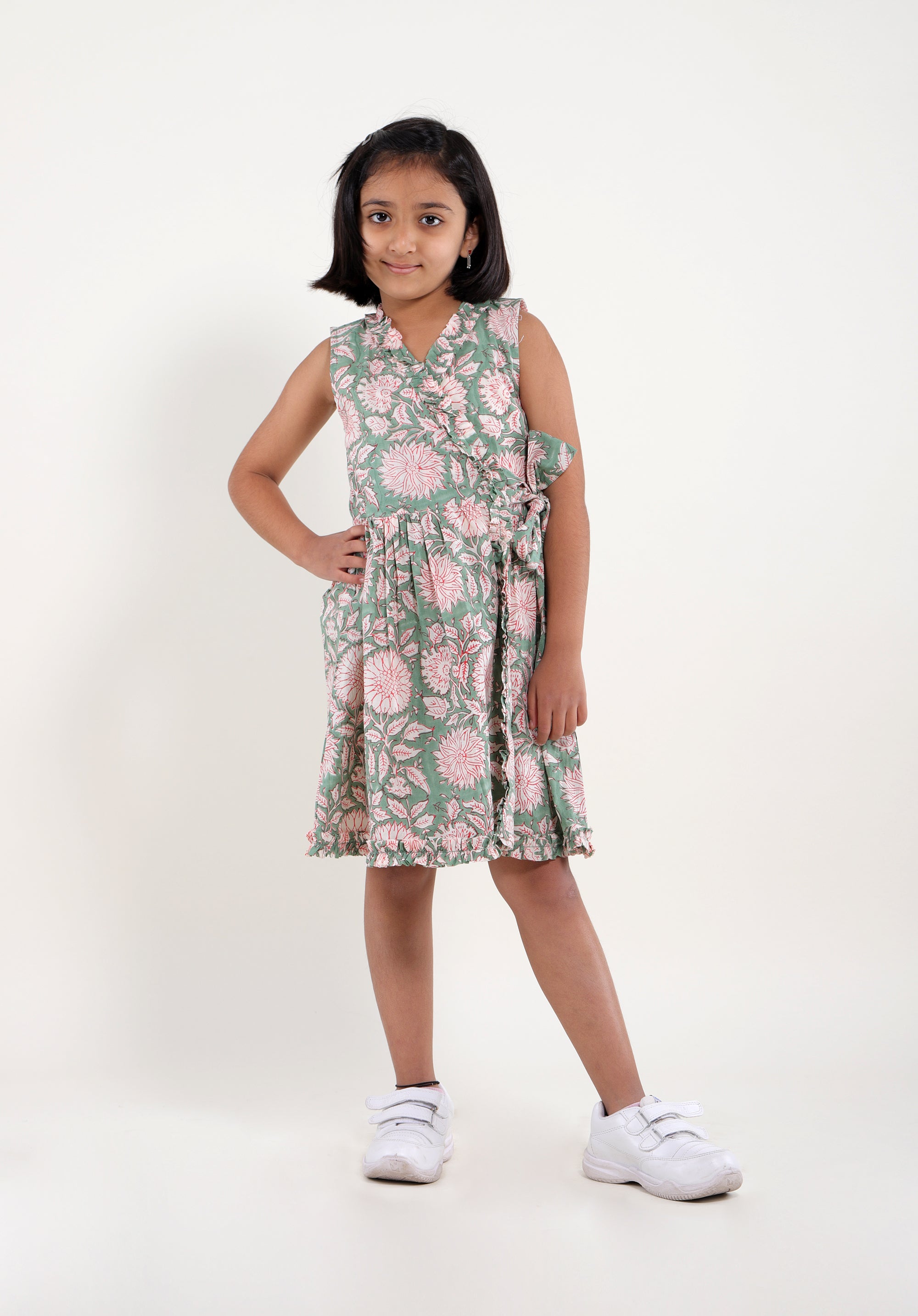 Girl's Block printed Dress Garima Floral Green