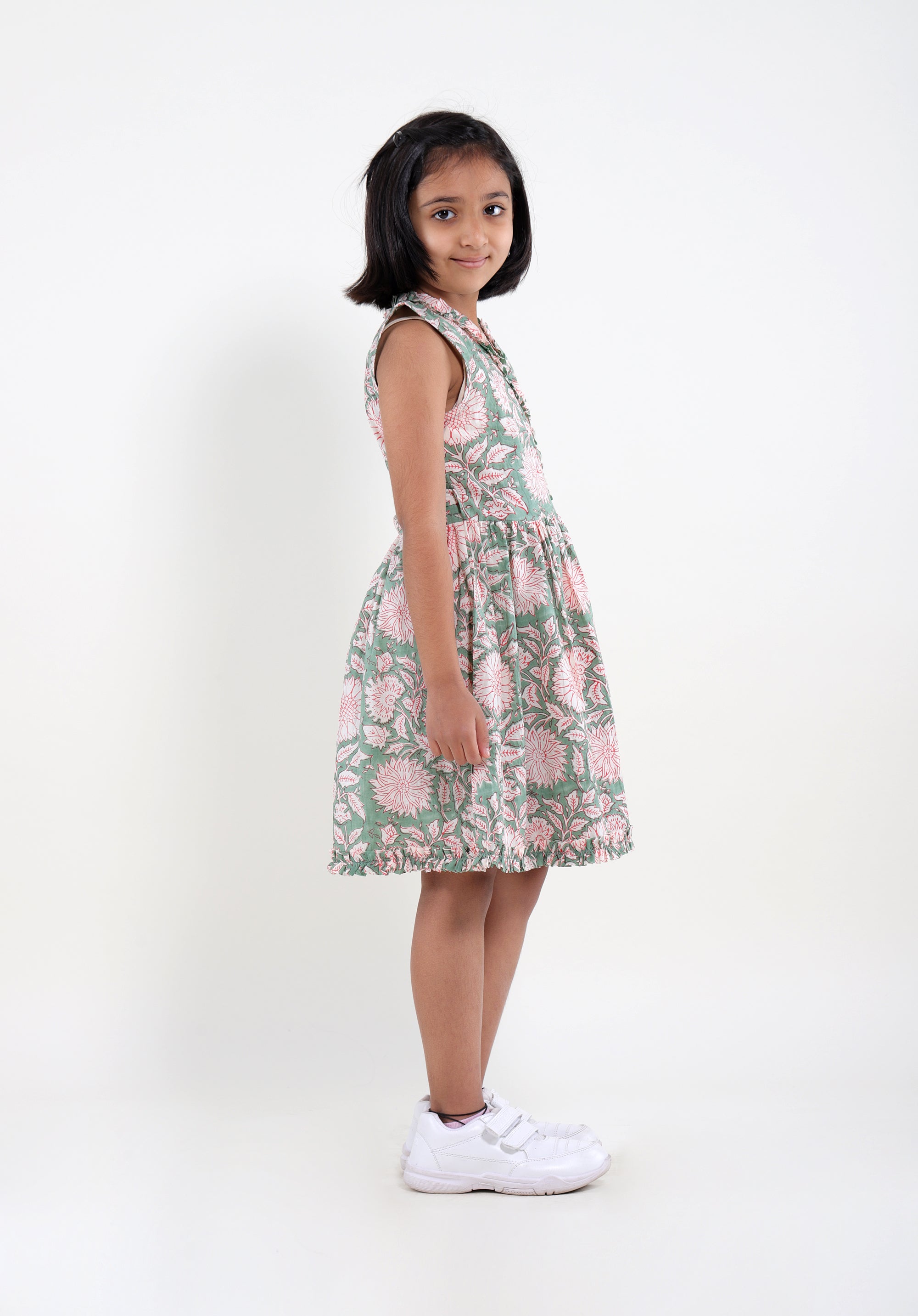 Girl's Block printed Dress Garima Floral Green