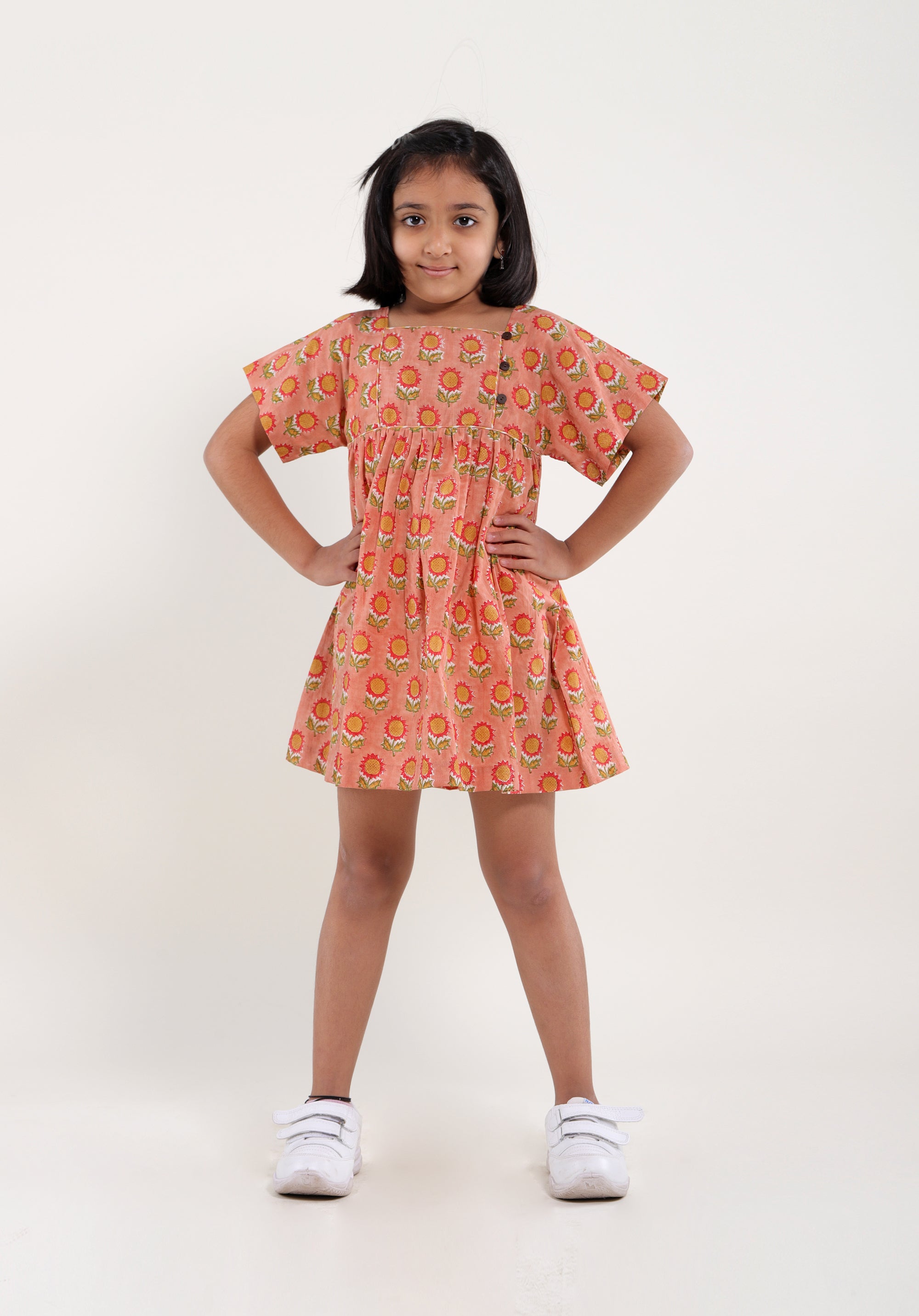 Girl's Block printed Dress Lila Sunflower Peach