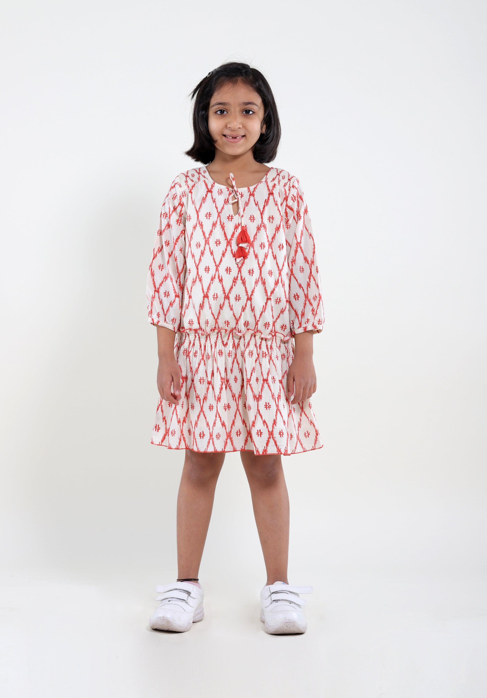 Girl's Block printed Dress Mary Ikkat Red