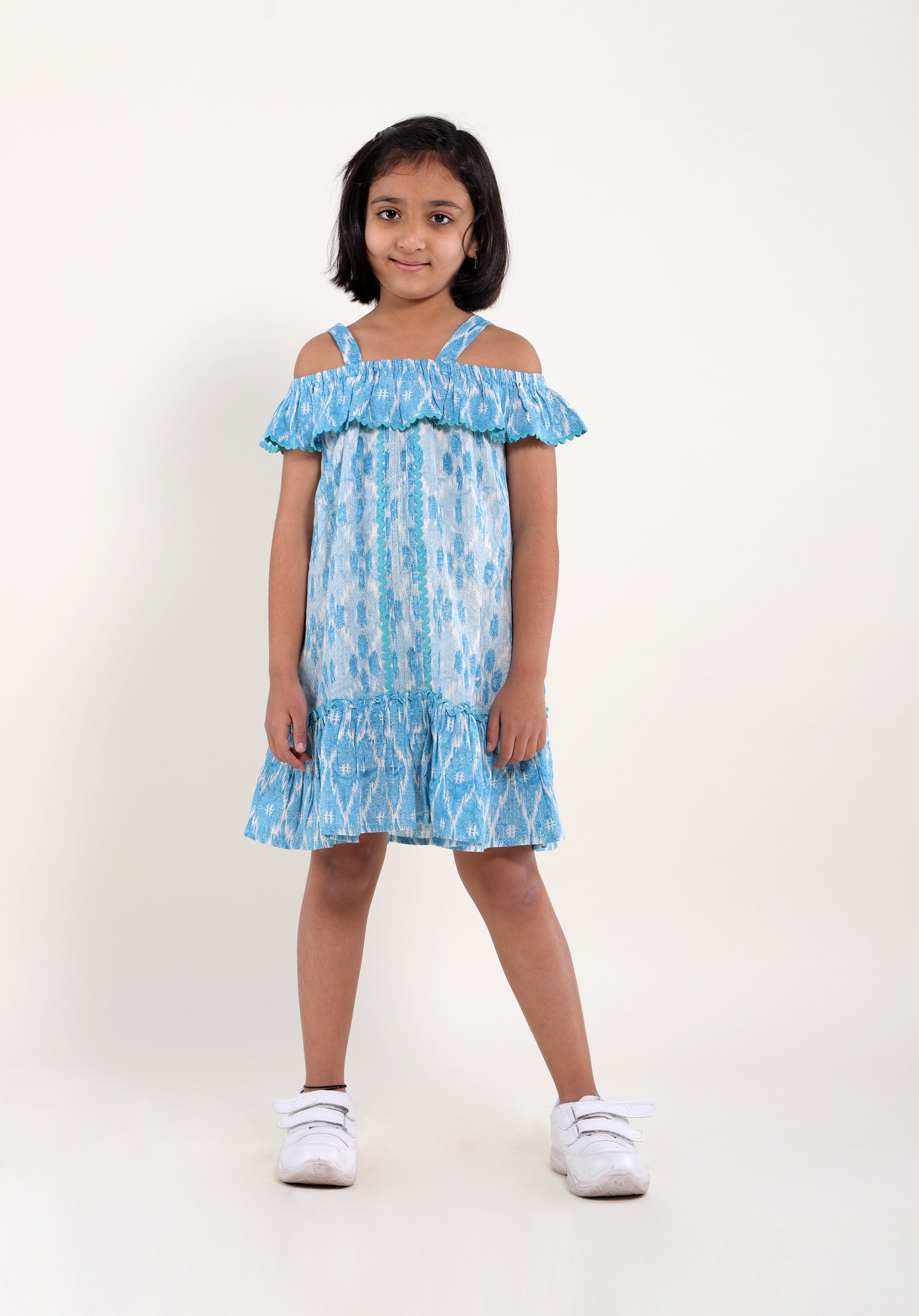 Girl's Block printed Dress Misha ikkat kantha Blue