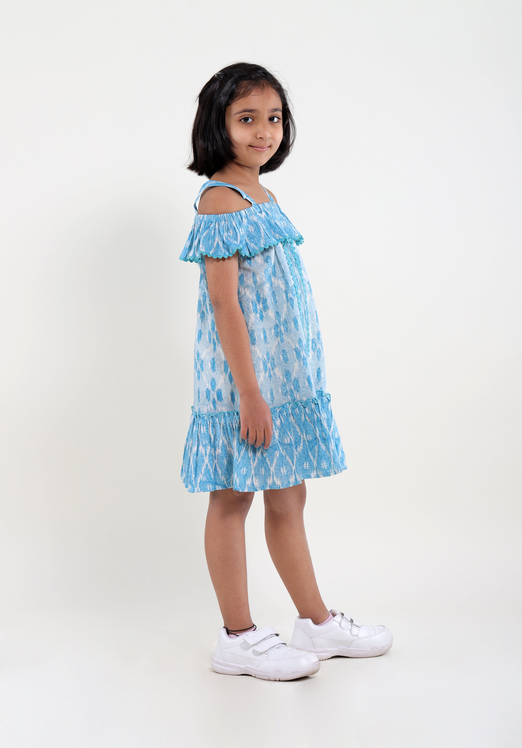 Girl's Block printed Dress Misha ikkat kantha Blue