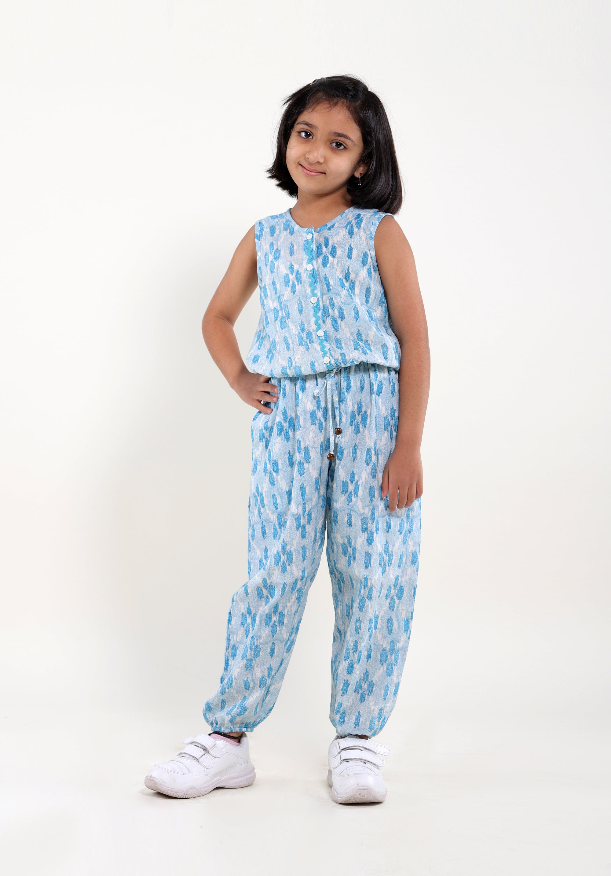 Girl's Block printed Jumpsuit Molly ikkat kantha Blue