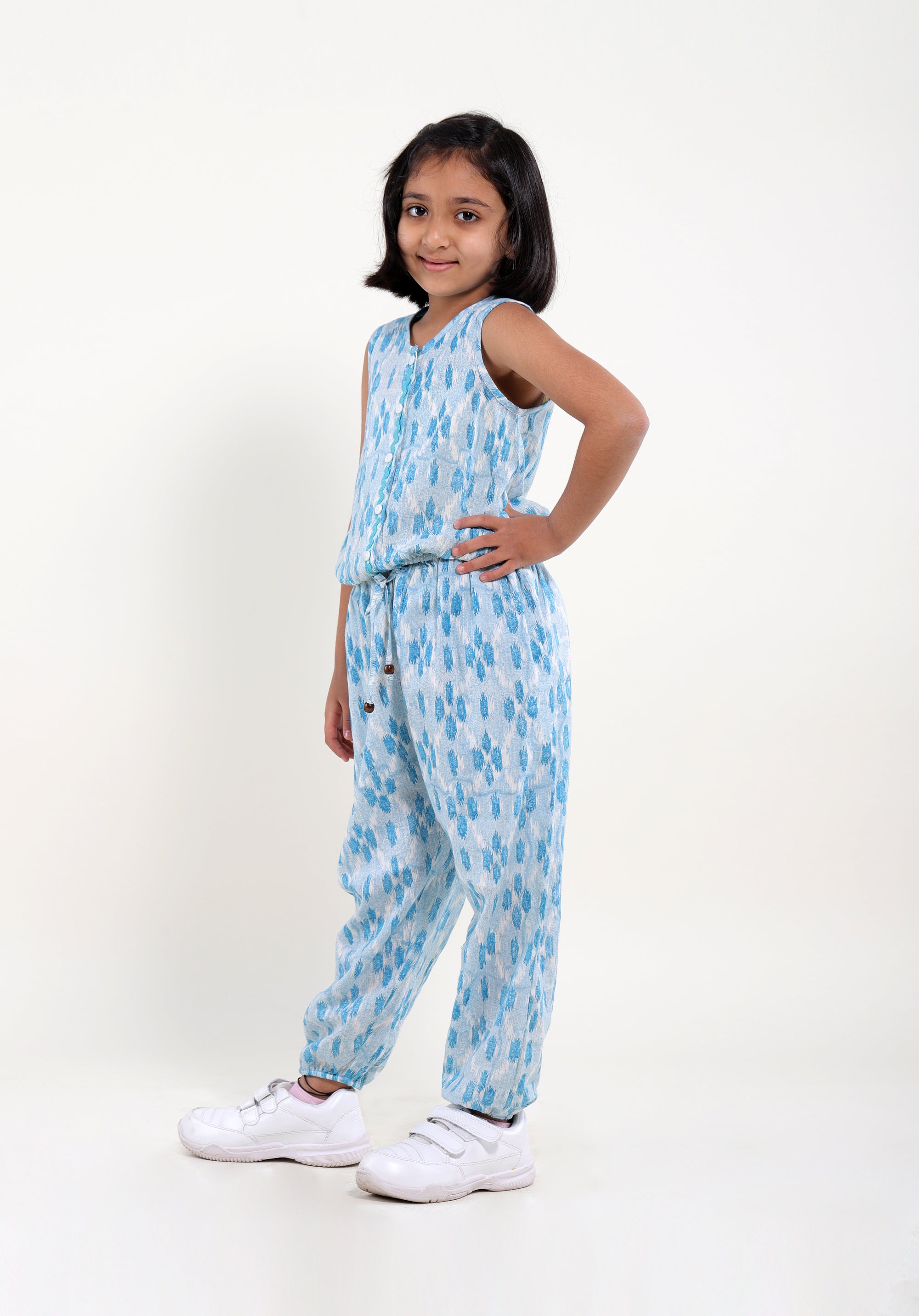 Girl's Block printed Jumpsuit Molly ikkat kantha Blue