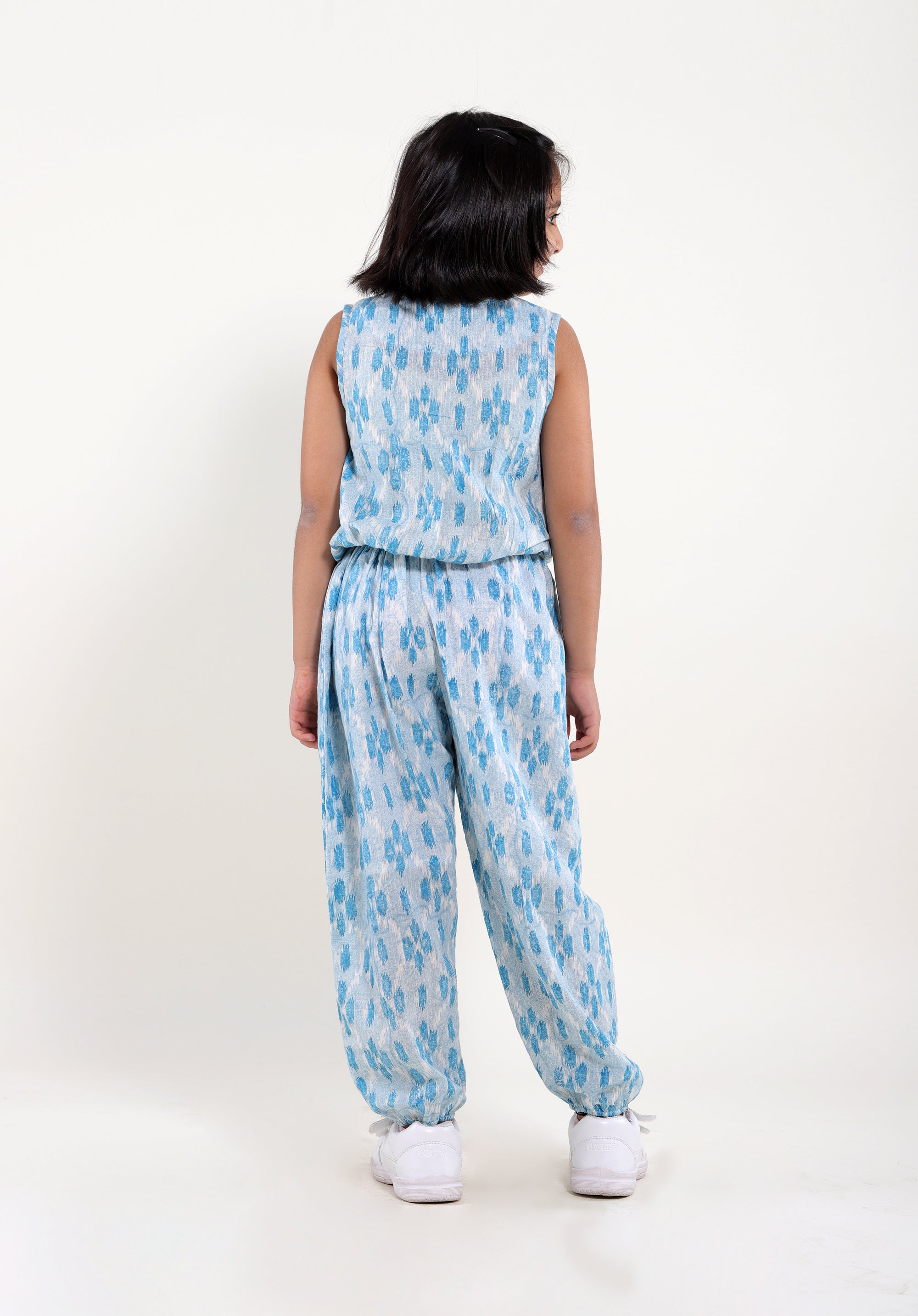 Girl's Block printed Jumpsuit Molly ikkat kantha Blue