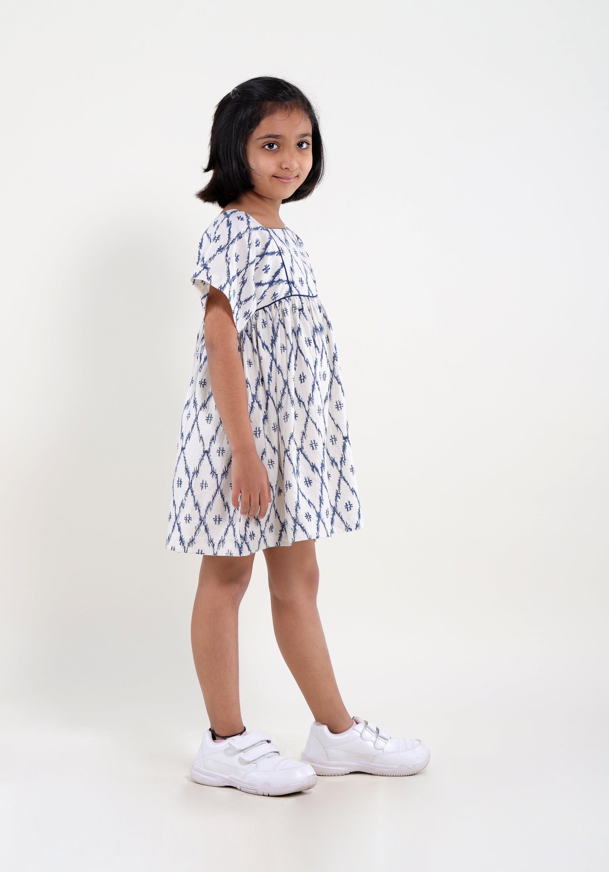 Girl's Block Linen Dress Lila Ikkat Blue