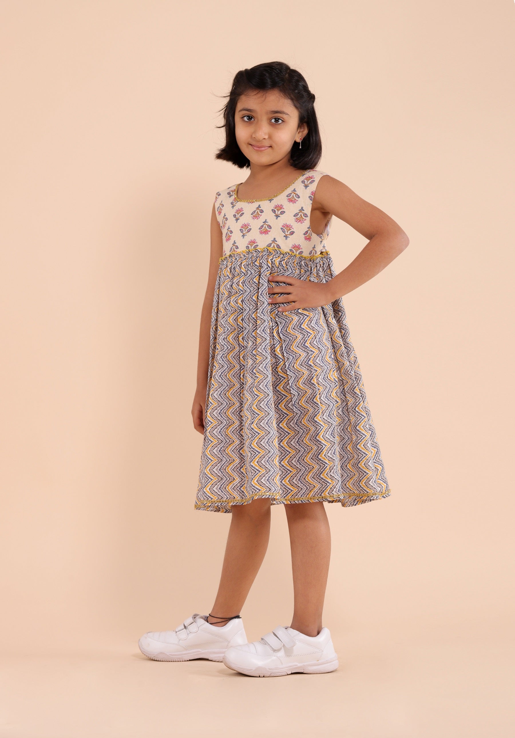 Girls Printed Dress Buti Dress Beige - 20401