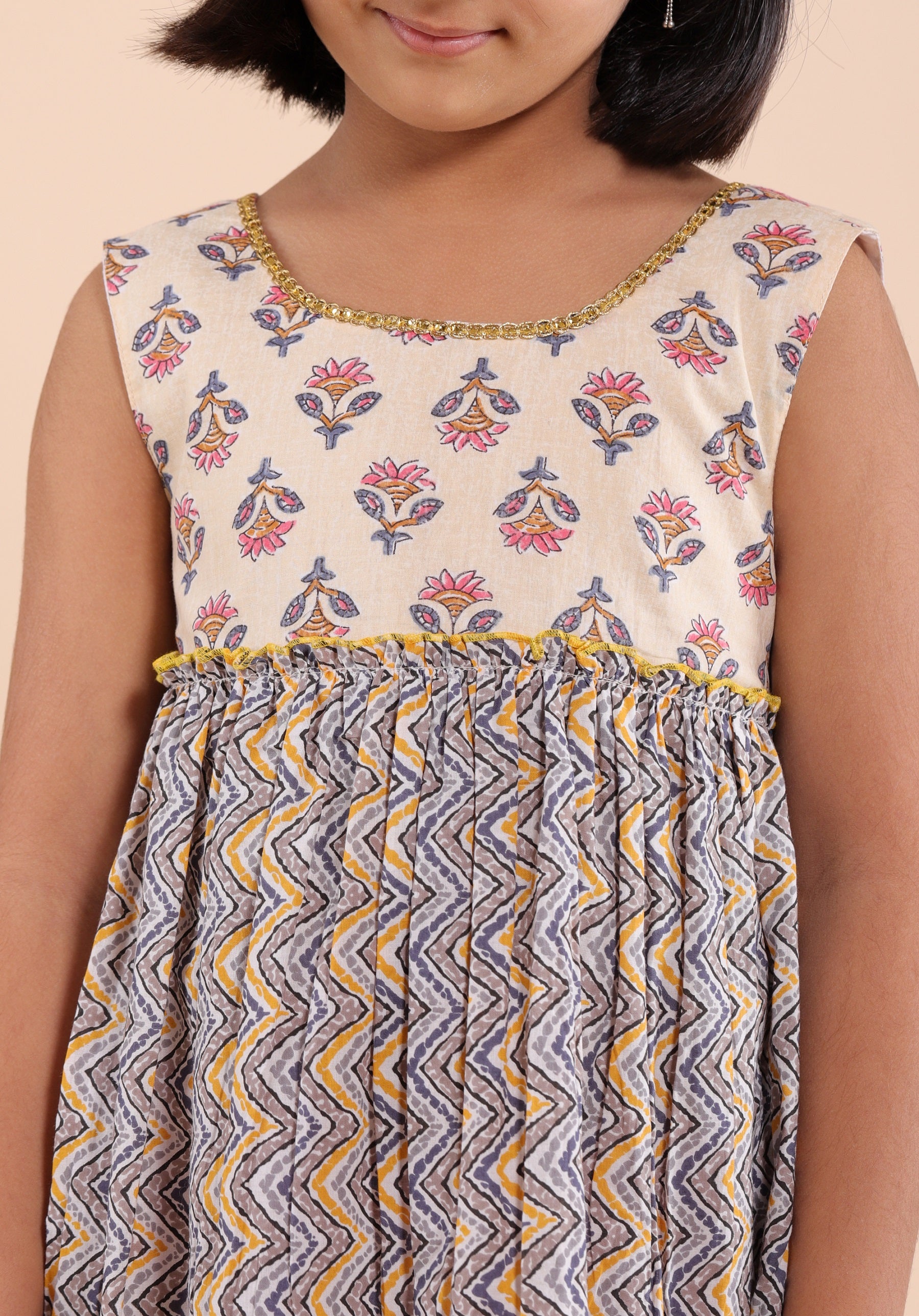 Girls Printed Dress Buti Dress Beige - 20401