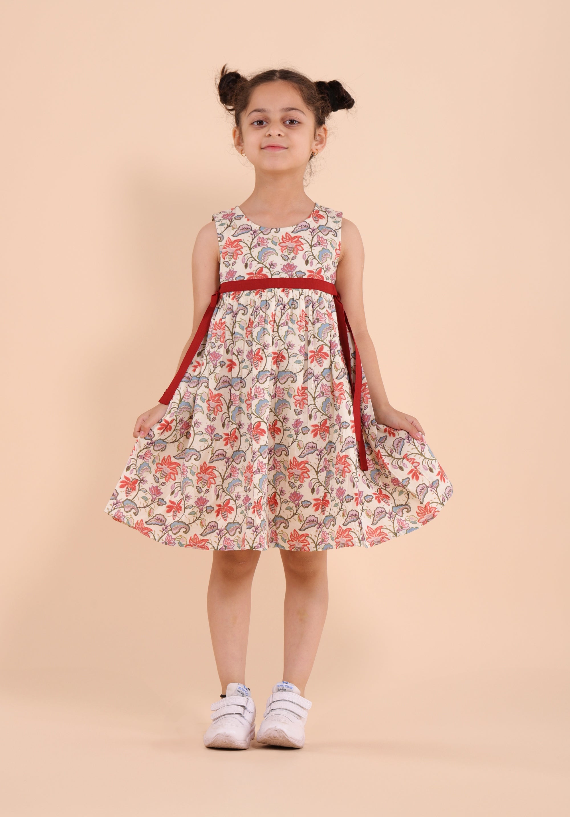 Girls Printed Floral Ethnic JaalDress Beige- 20400