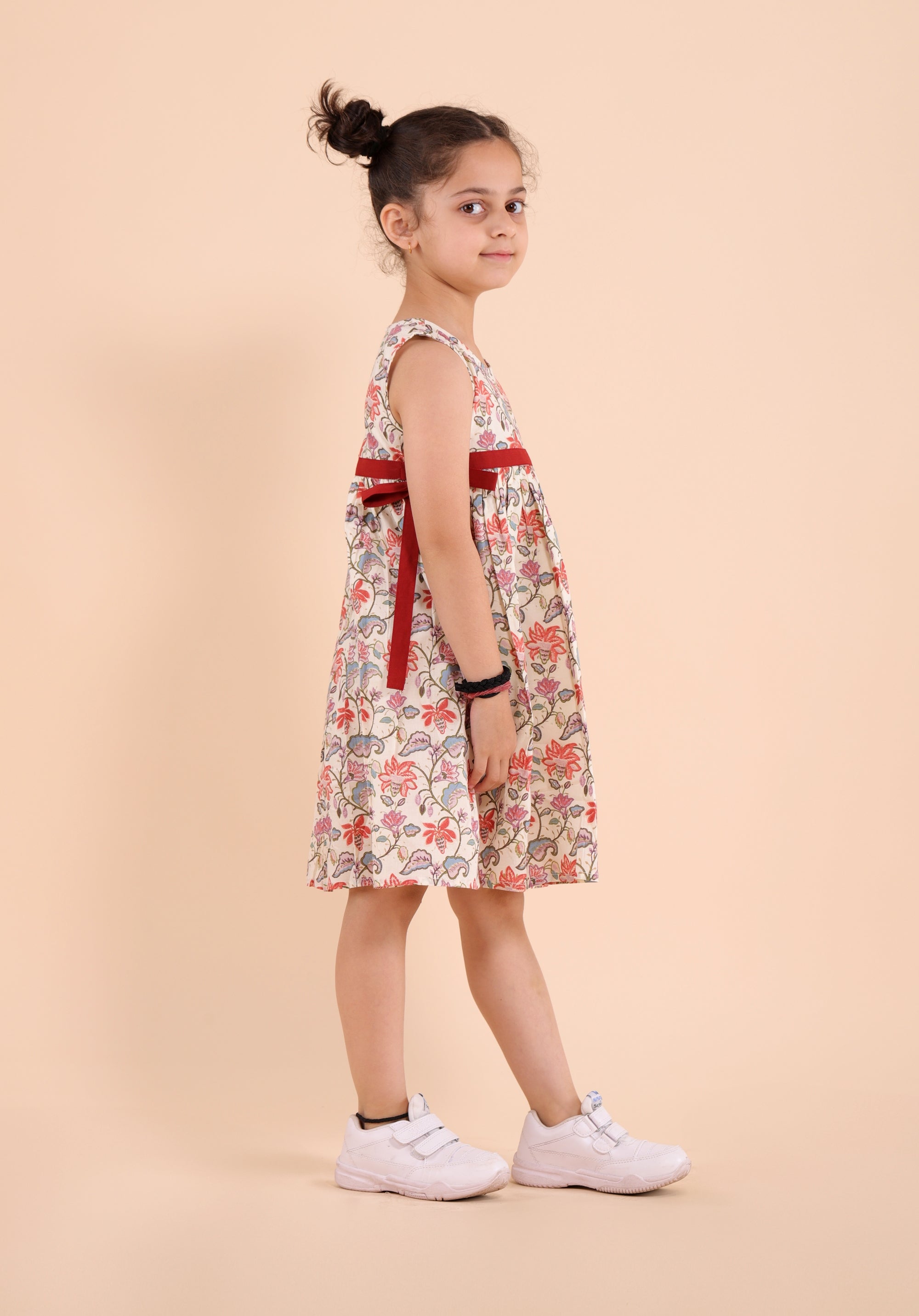 Girls Printed Floral Ethnic JaalDress Beige- 20400