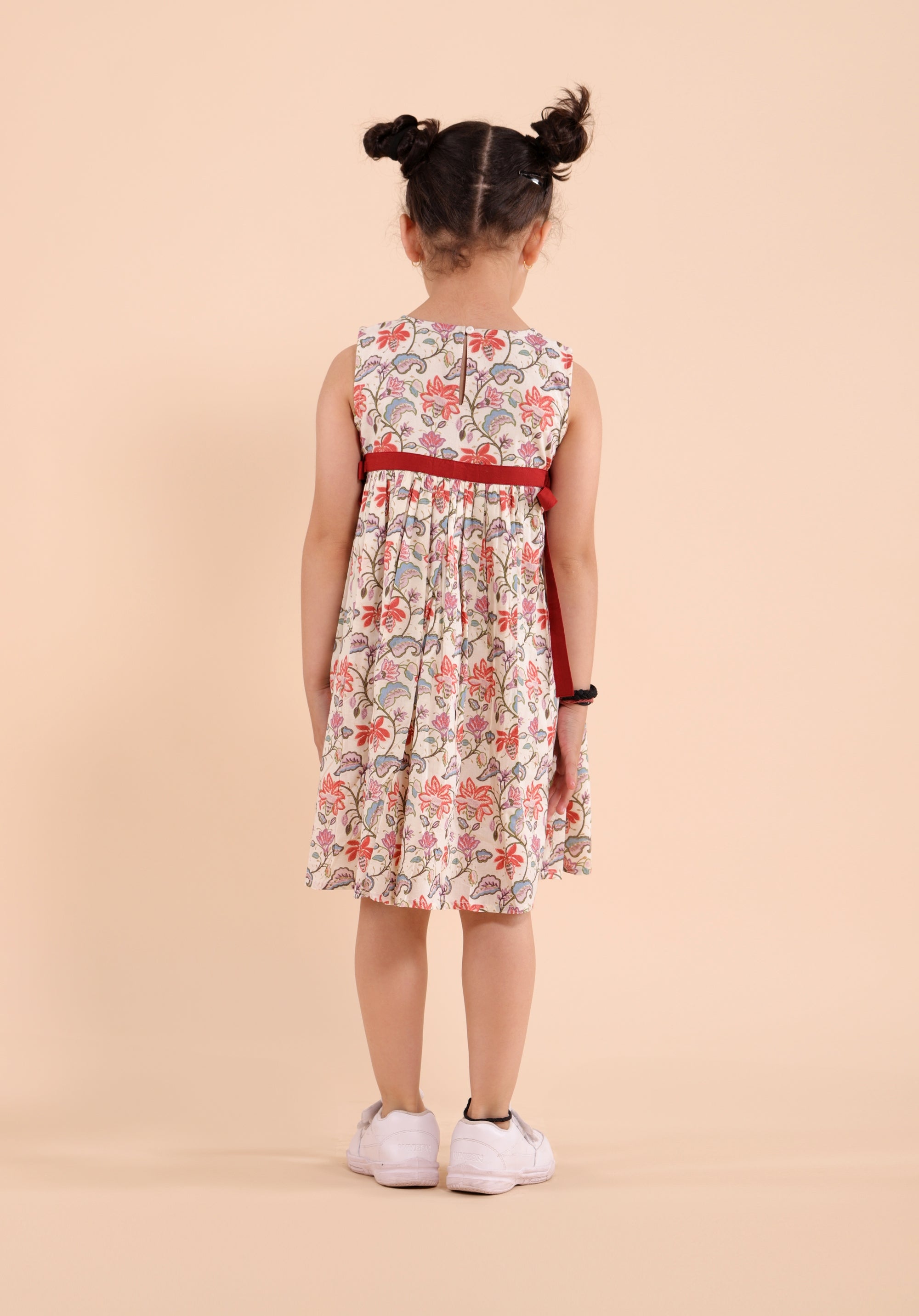 Girls Printed Floral Ethnic JaalDress Beige- 20400