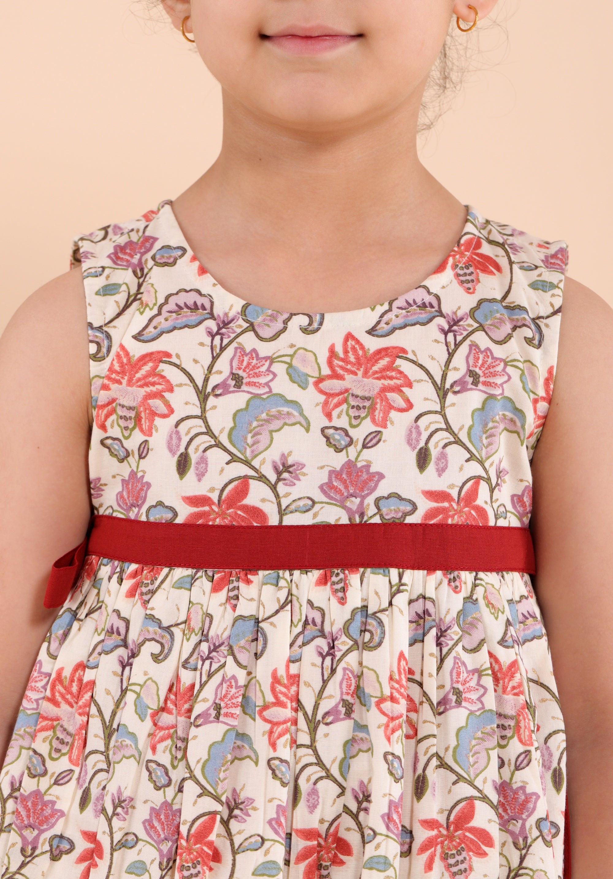 Girls Printed Floral Ethnic JaalDress Beige- 20400