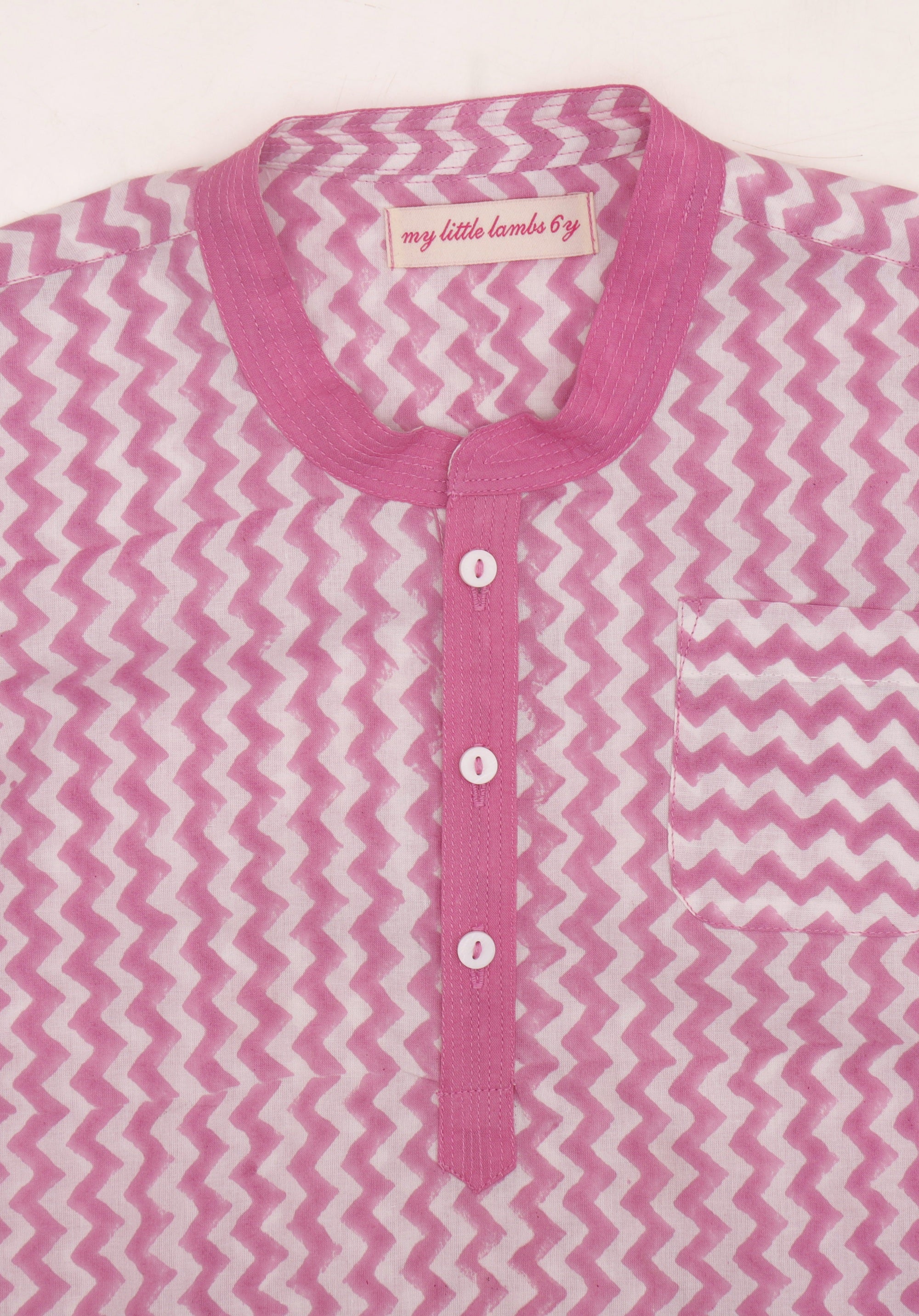 Block printed boy's shirt Yogi zigzag pink
