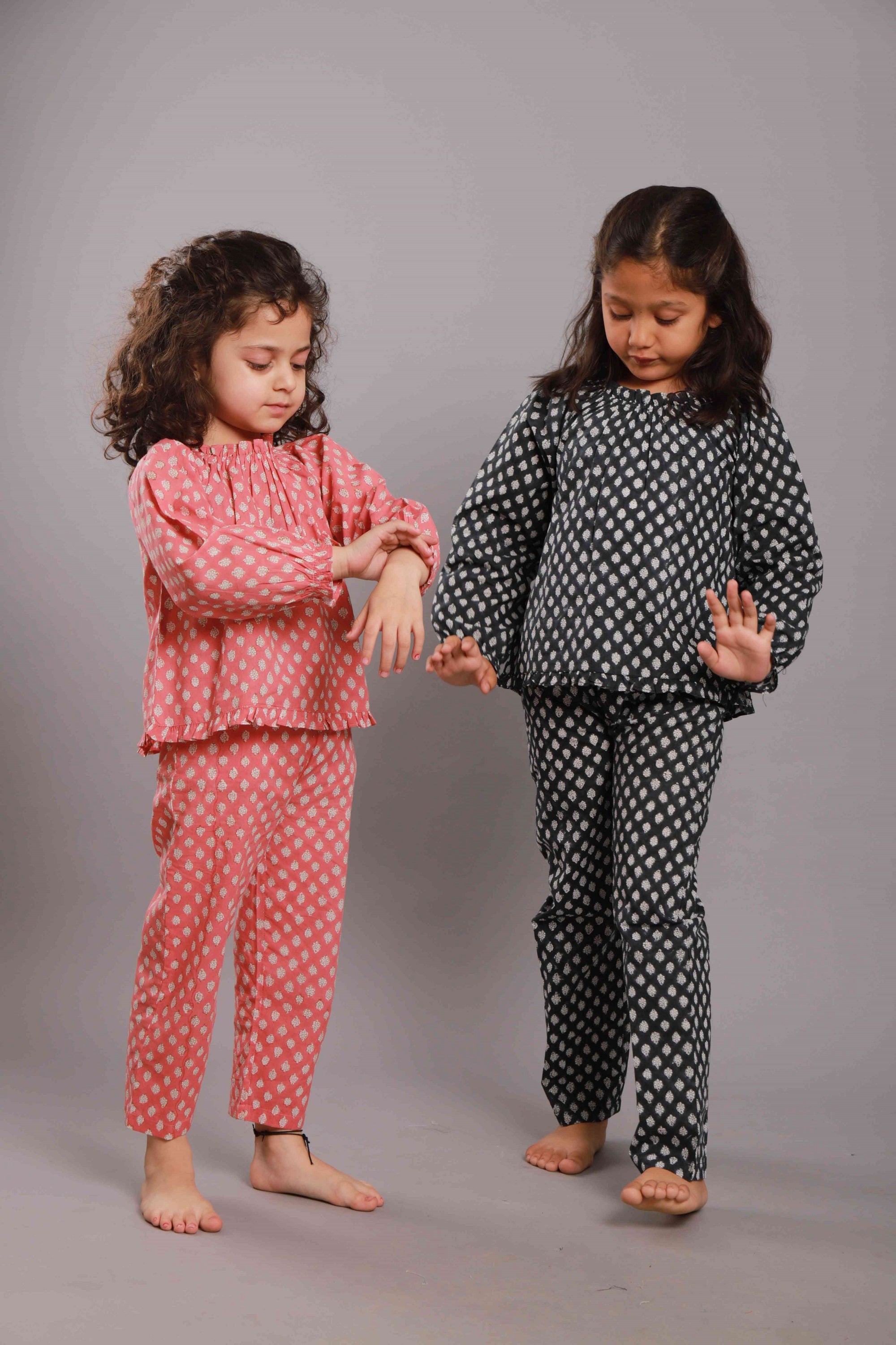Block printed Girl's Night Suit Nora Black