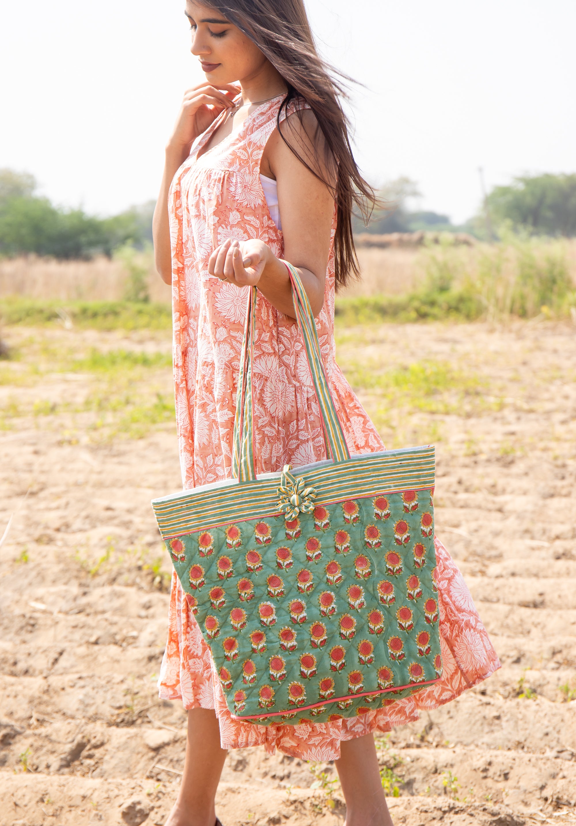 Block printed Tote Bag Sunflower Green