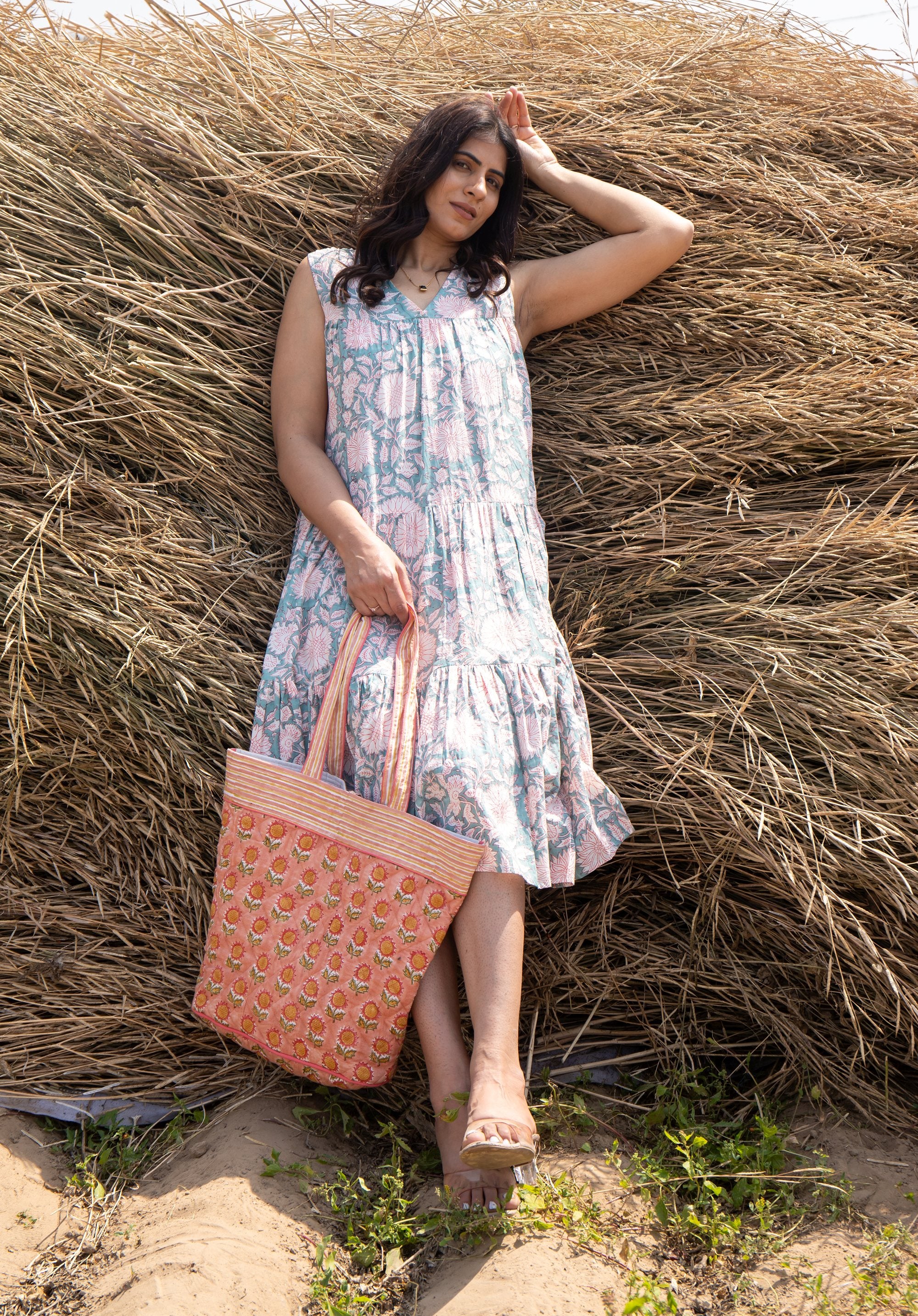 Block printed Tote Bag Sunflower Peach