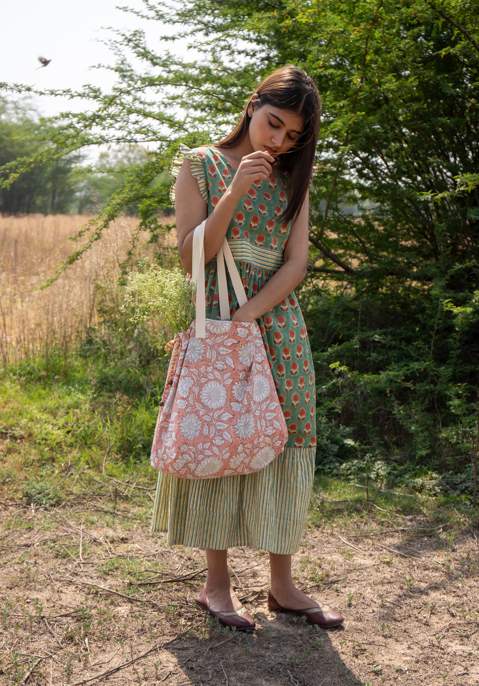 Block printed Jhola Bag Floral Peach