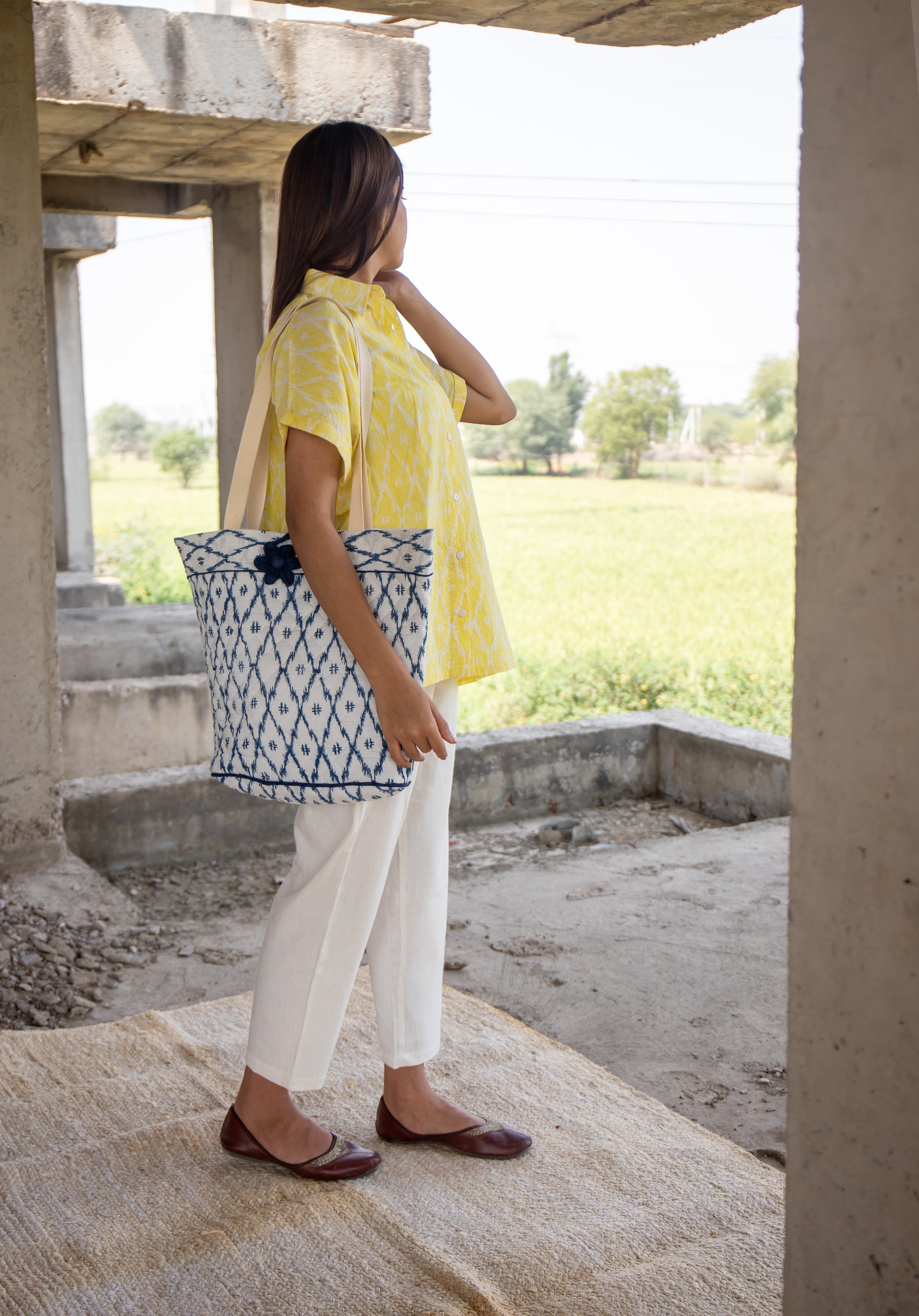 Block printed Tote Bag Ikkat Blue