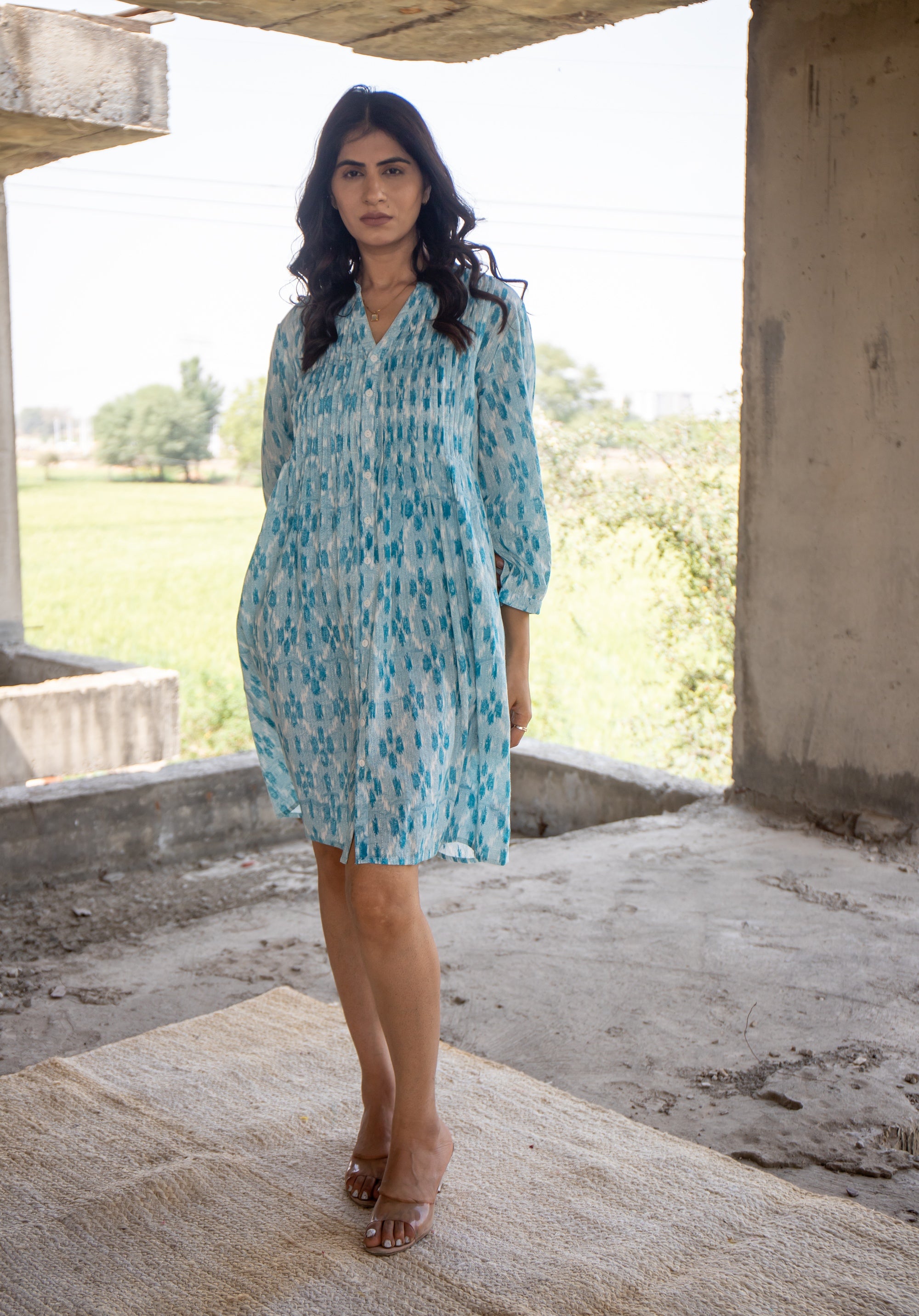 Women Printed dress Kris pin tuck ikkat kantha Blue