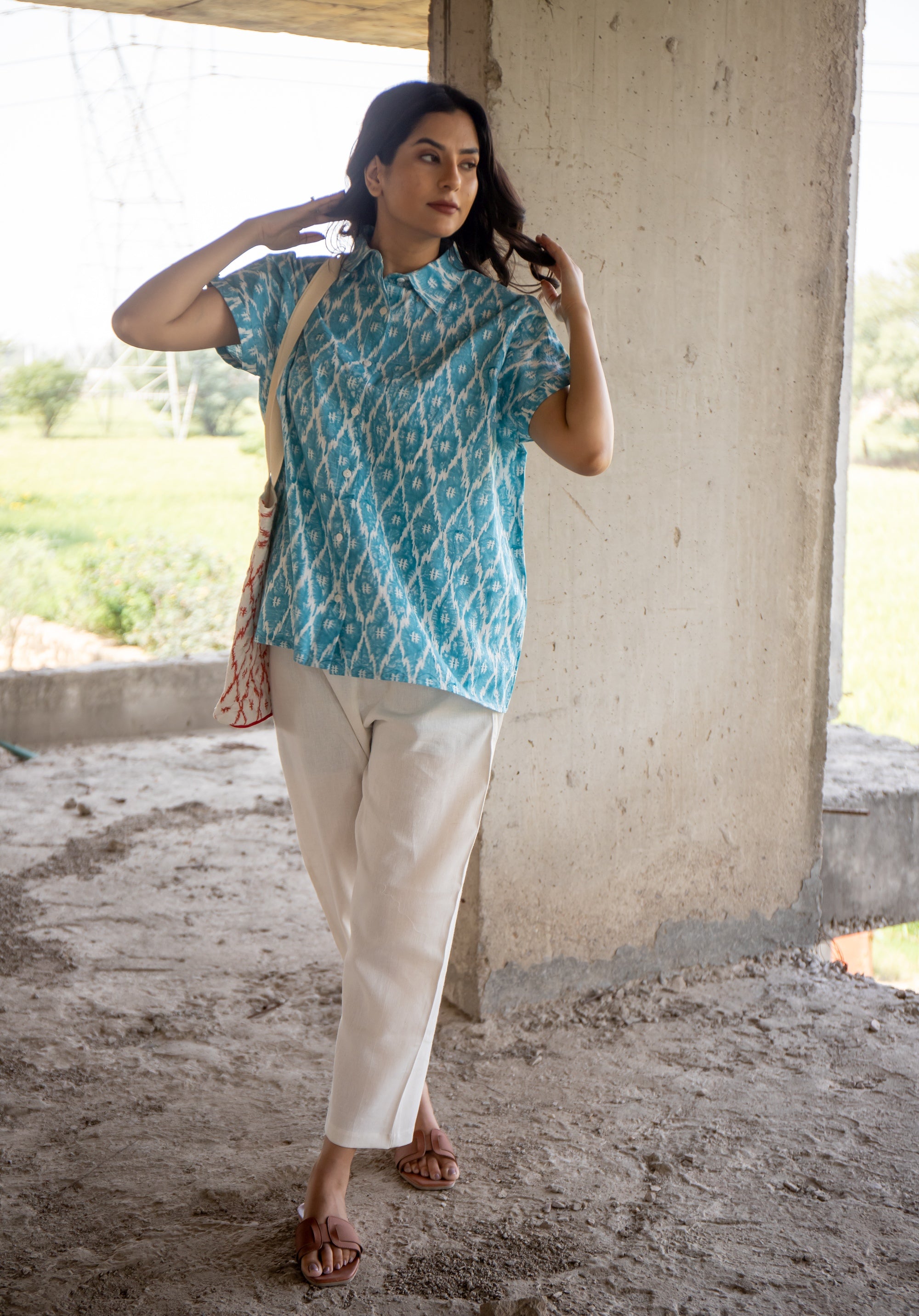 Women Block printed Mama Top Ikkat Kantha