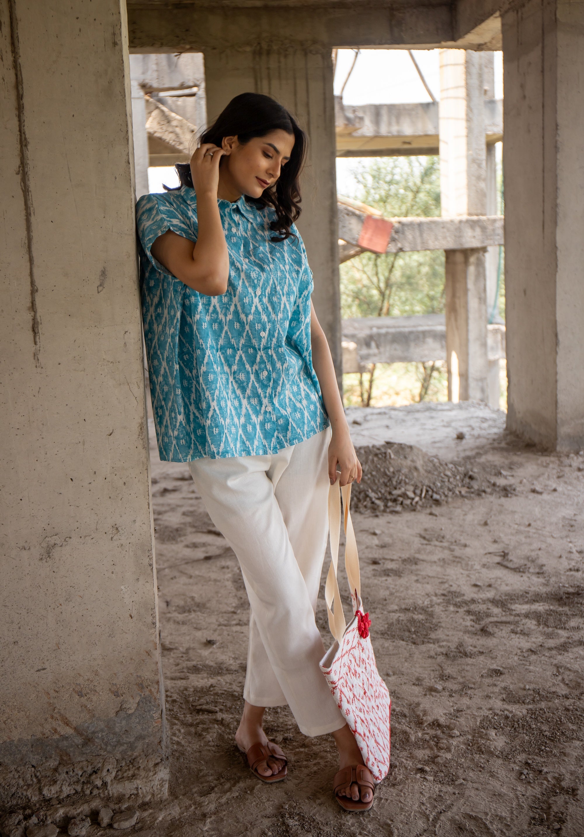 Women Block printed Mama Top Ikkat Kantha