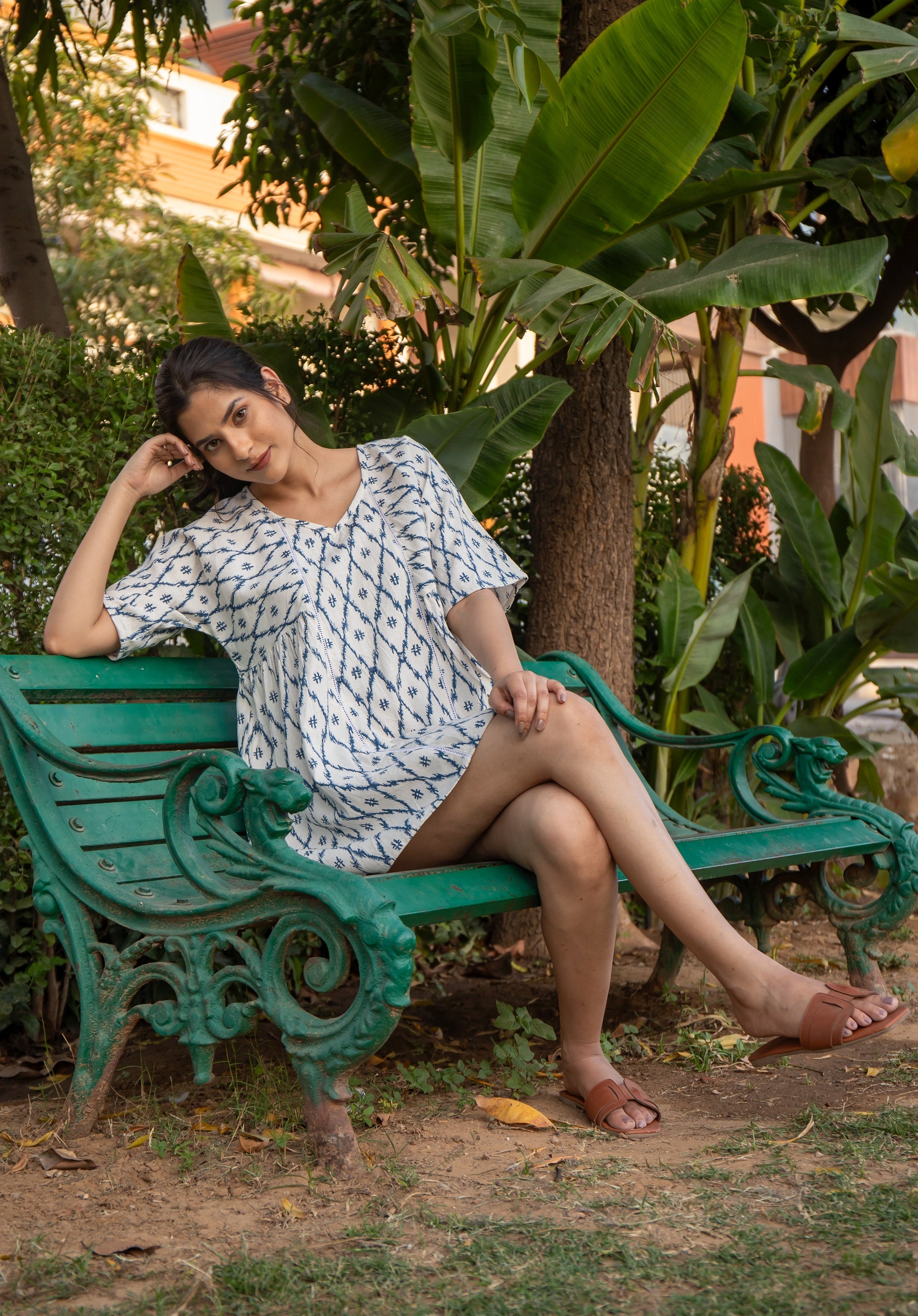 Women Short Linen dress Devi Ikkat Blue