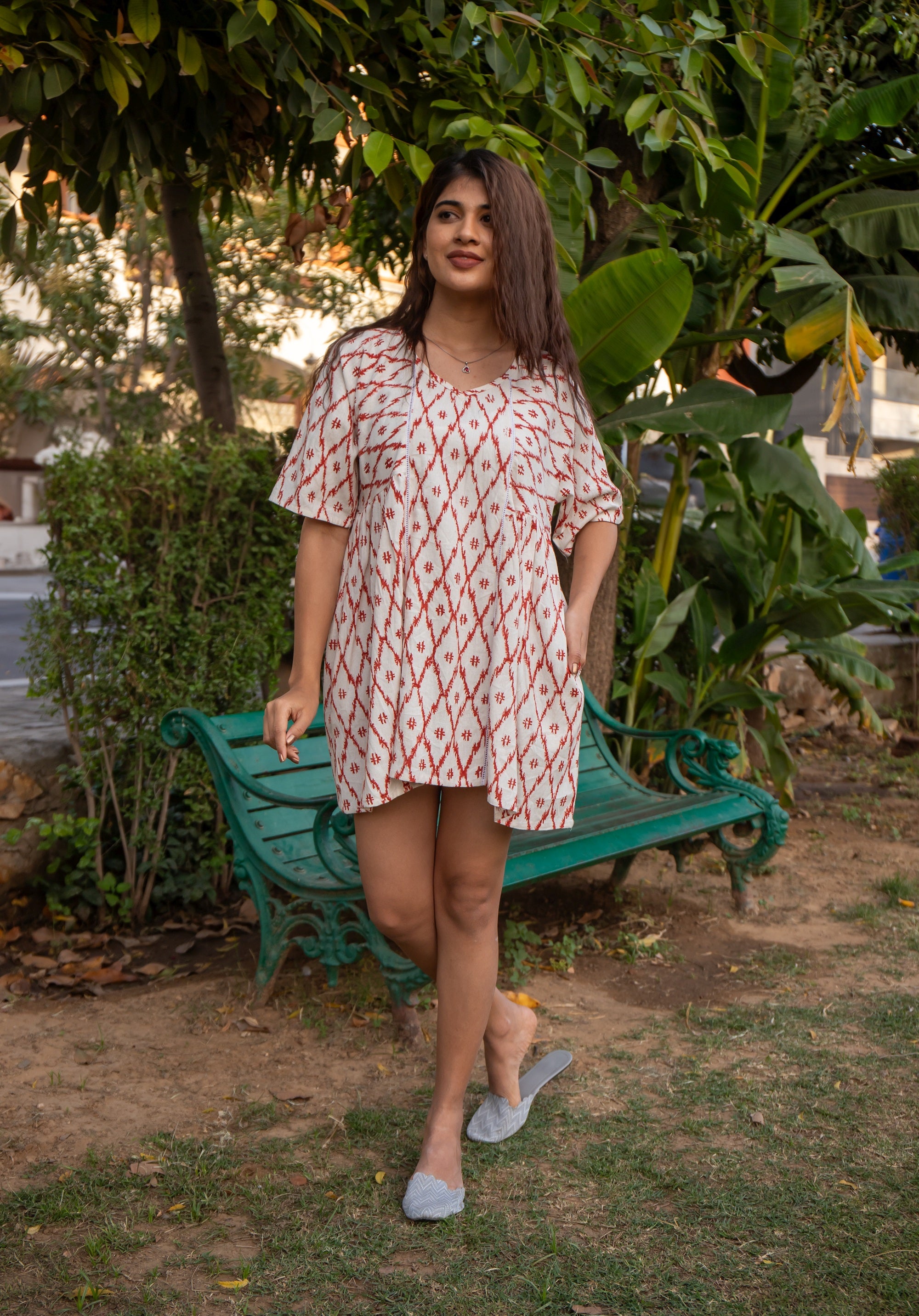 Women Short Linen dress Devi Ikkat Red