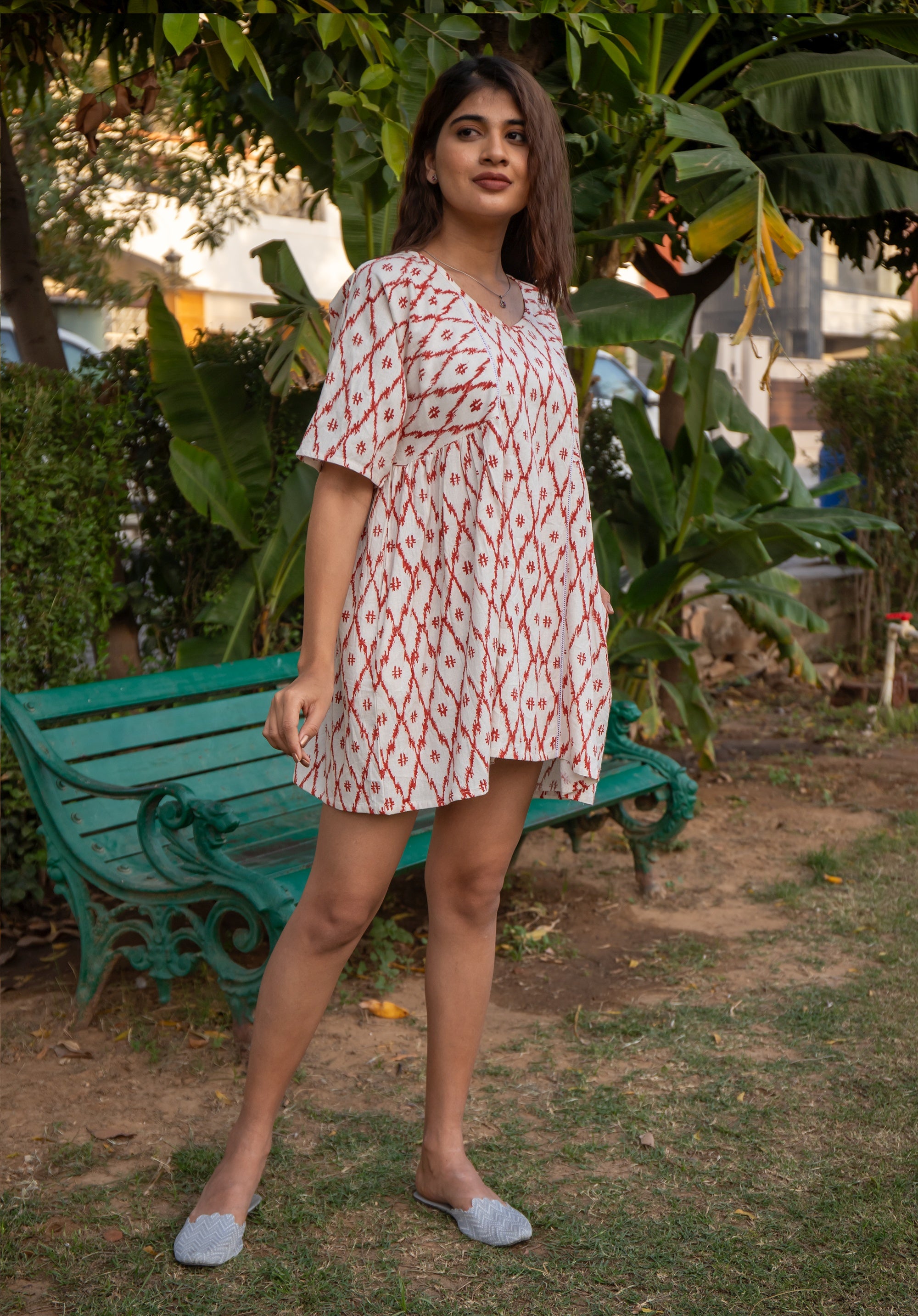 Women Short Linen dress Devi Ikkat Red