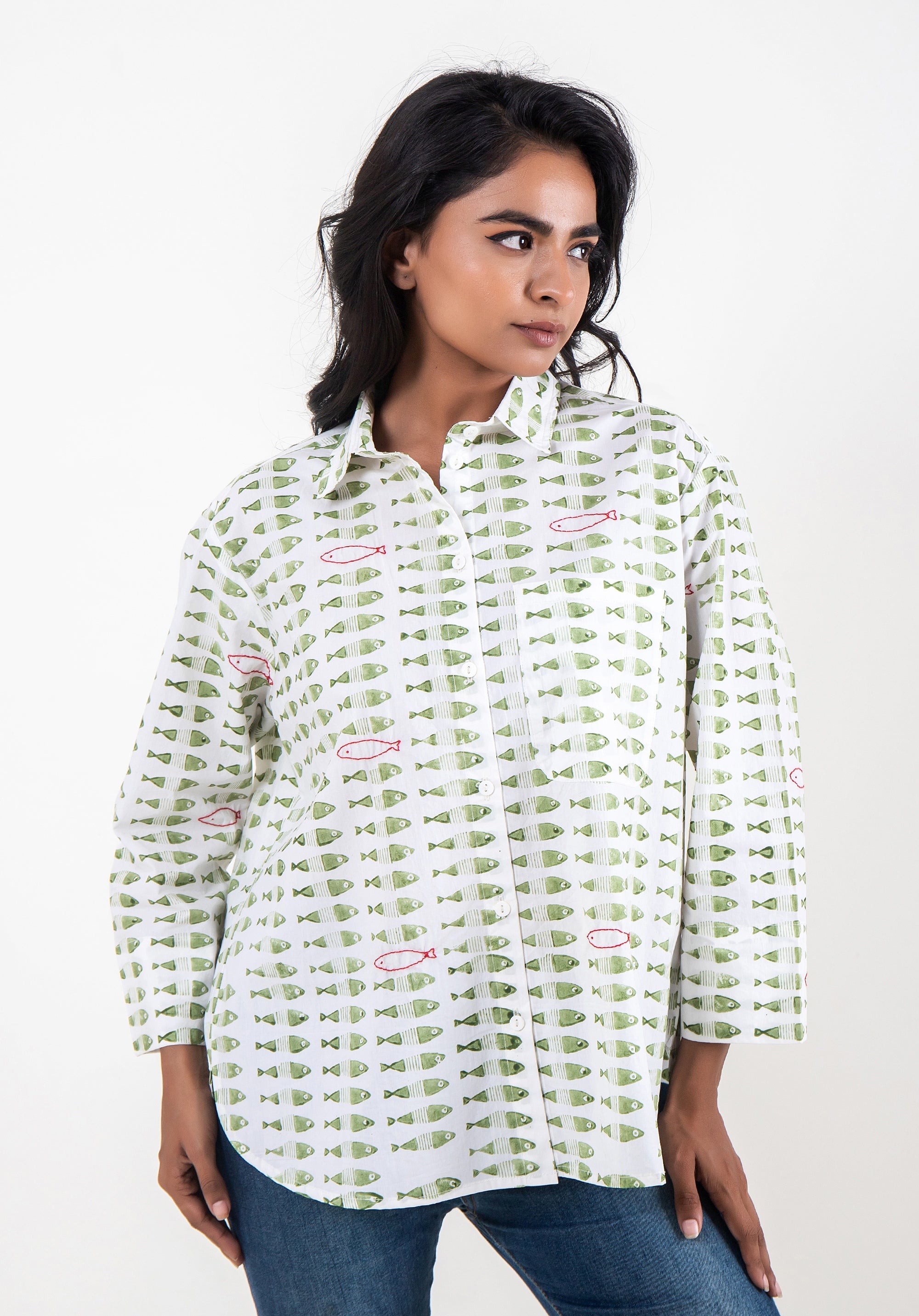 Women Block printed Piyu Oversized shirt Fish Green
