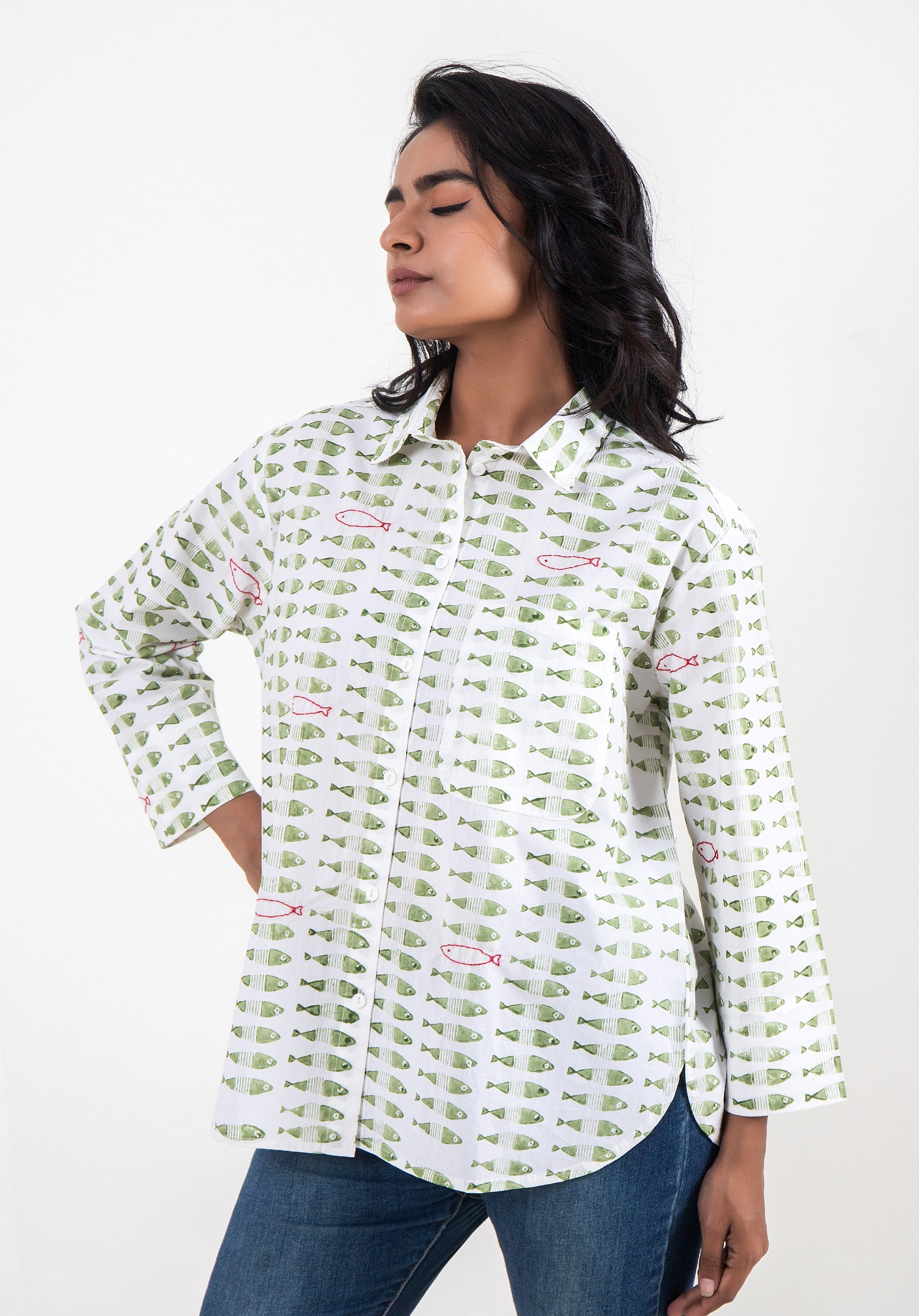 Women Block printed Piyu Oversized shirt Fish Green
