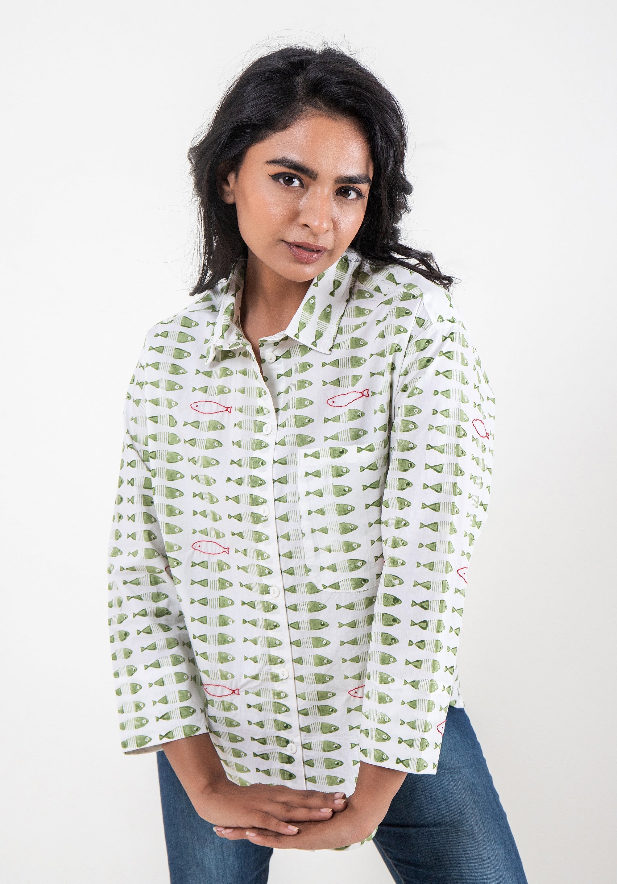 Women Block printed Piyu Oversized shirt Fish Green