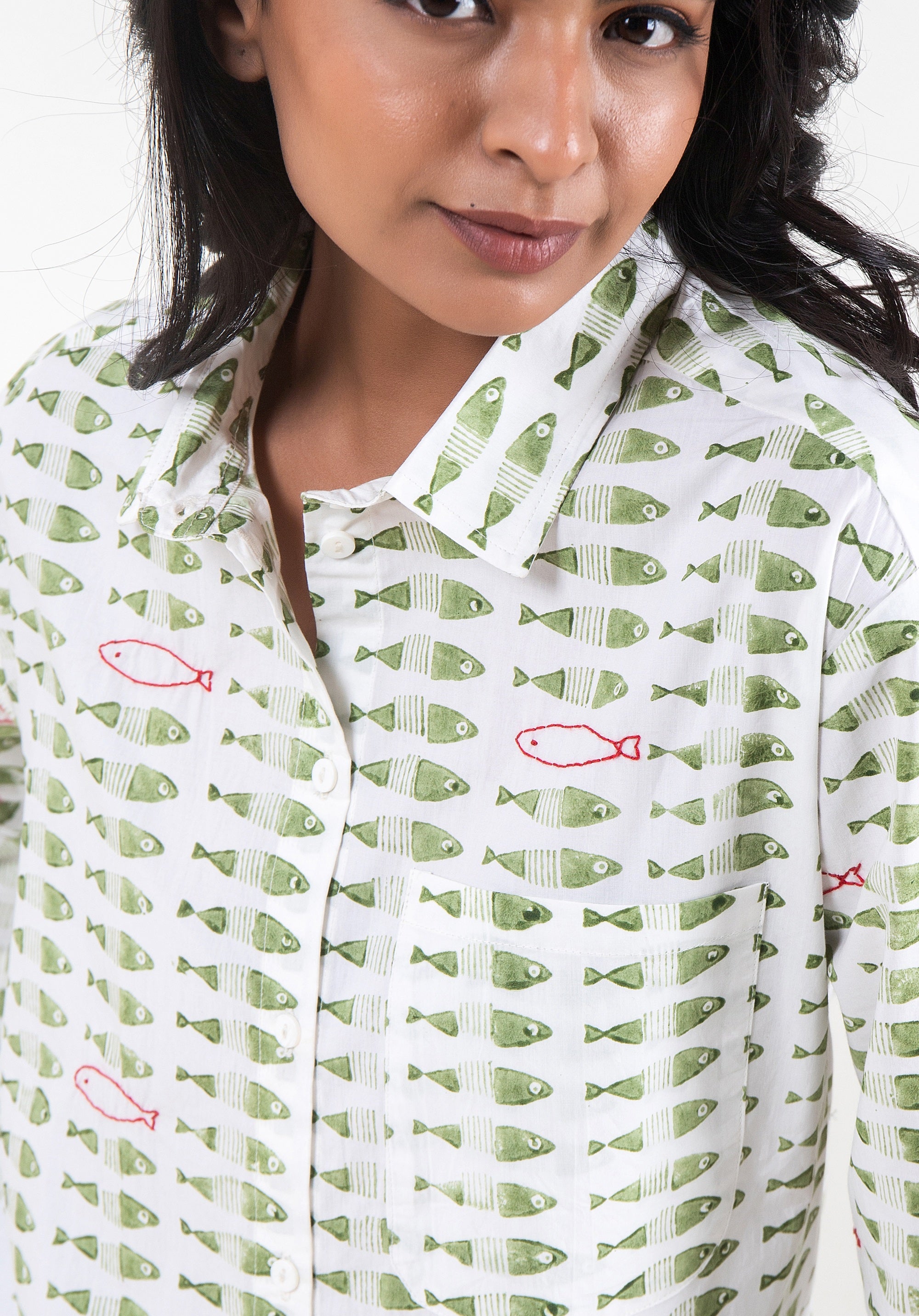 Women Block printed Piyu Oversized shirt Fish Green