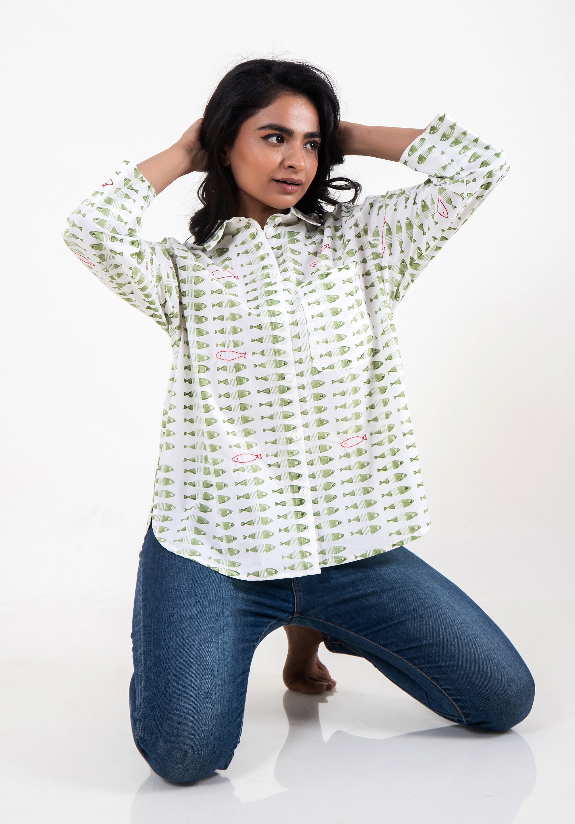Women Block printed Piyu Oversized shirt Fish Green