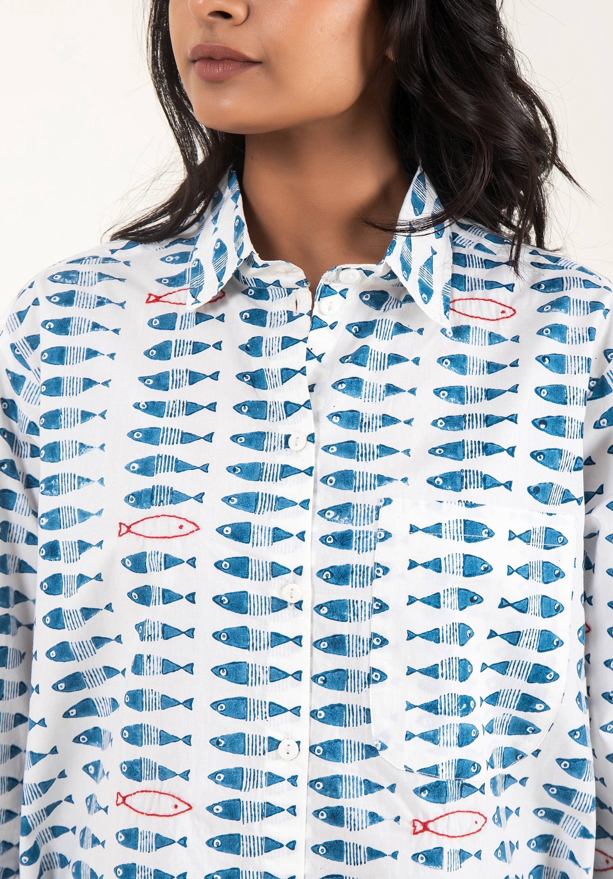 Women Block printed Piyu Oversized shirt Fish Green