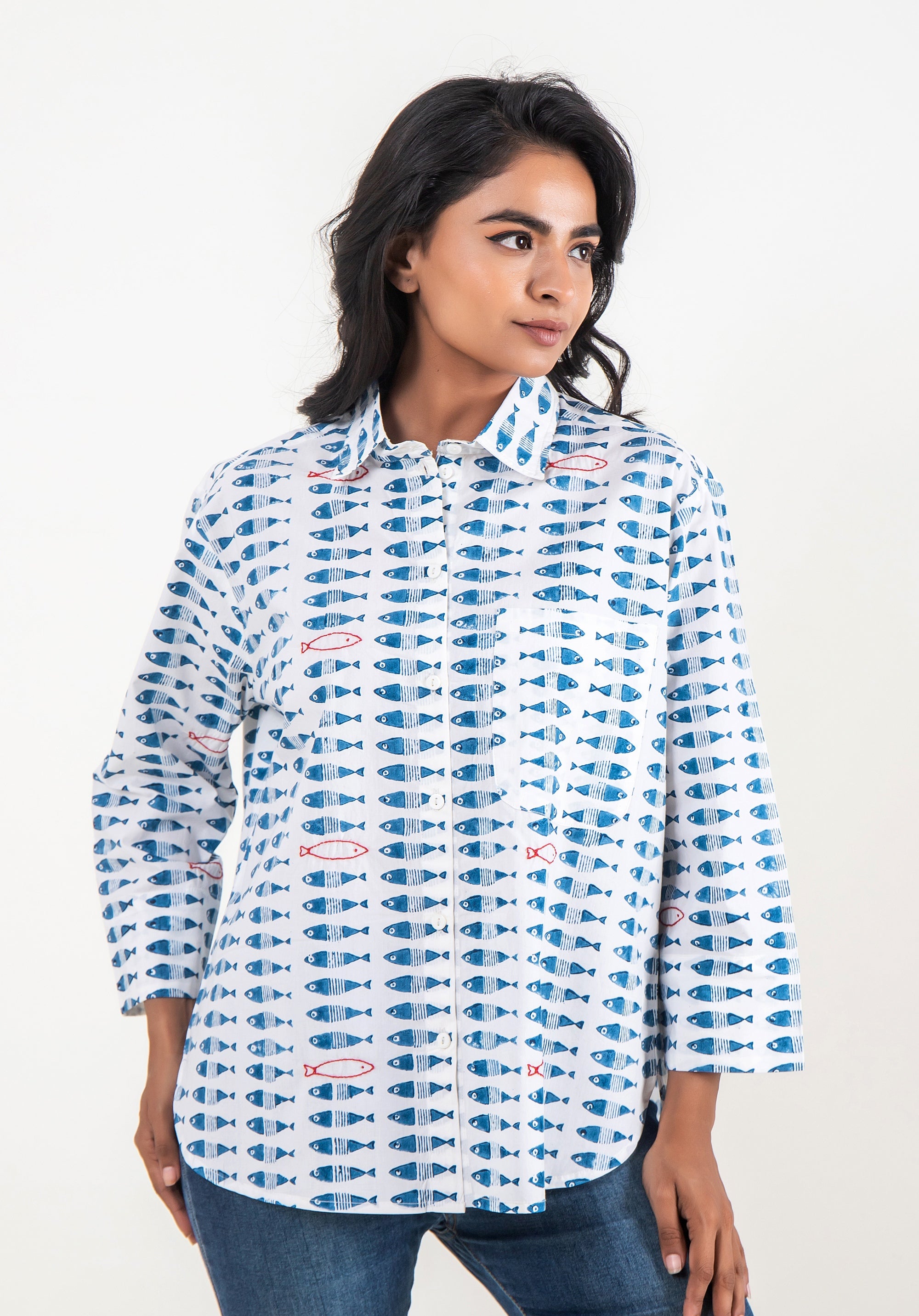 Women Block printed Piyu Oversized shirt Fish Blue