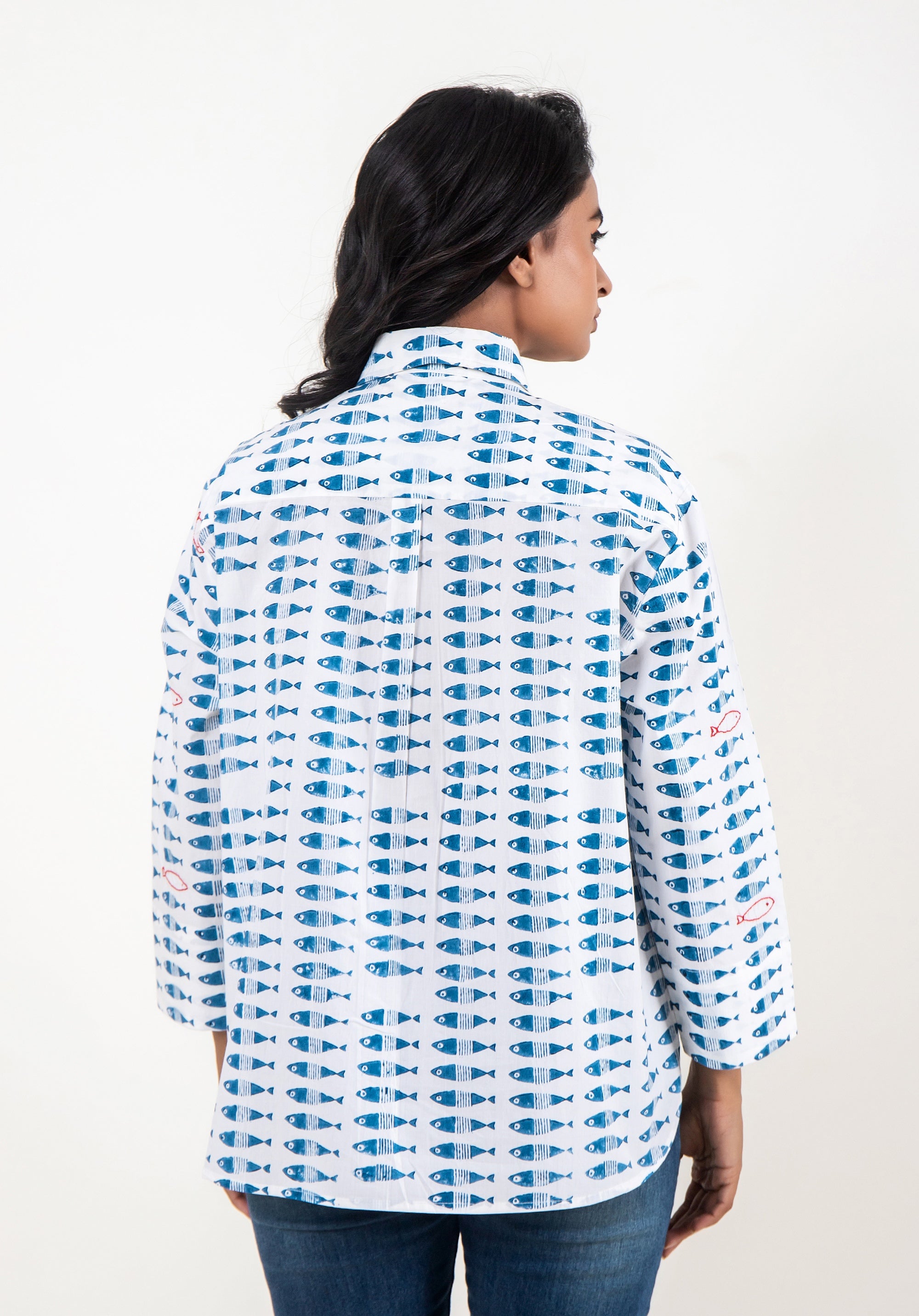 Women Block printed Piyu Oversized shirt Fish Blue