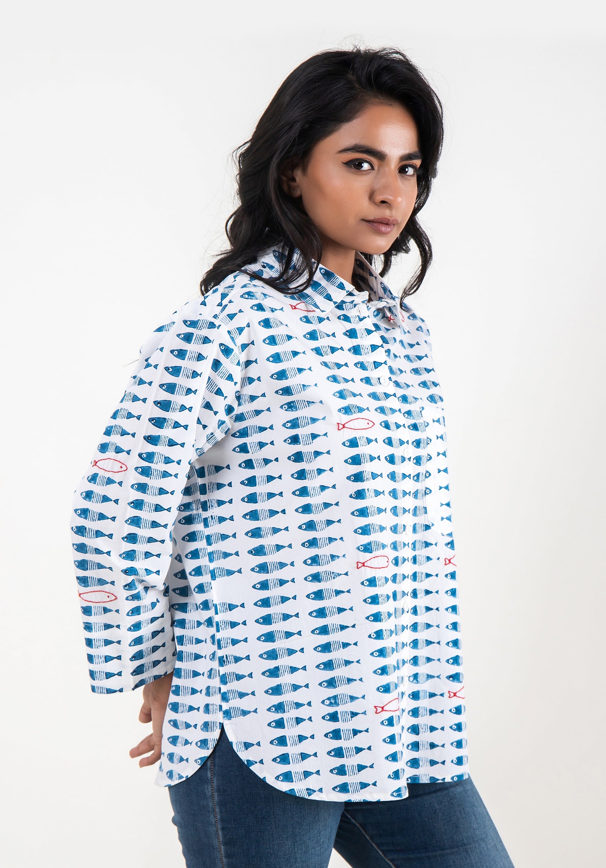 Women Block printed Piyu Oversized shirt Fish Blue