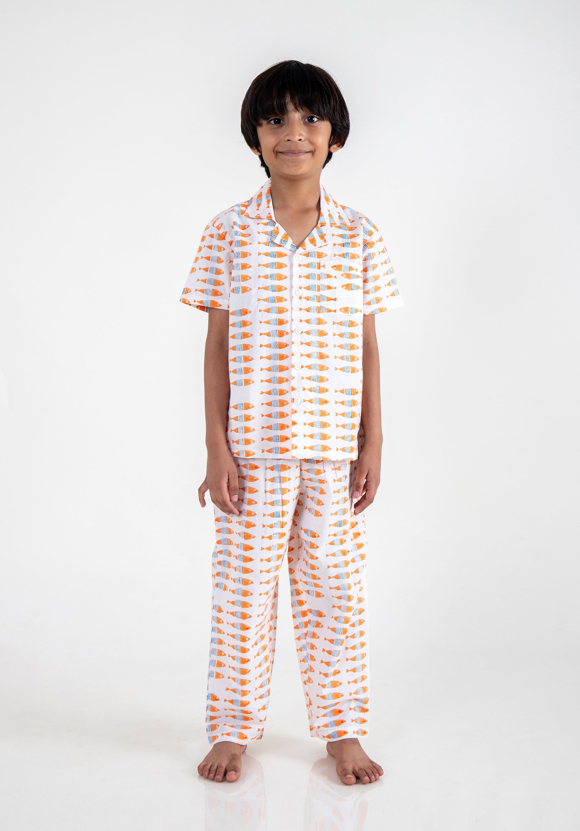 Block Printed Nightsuit Fish Orange