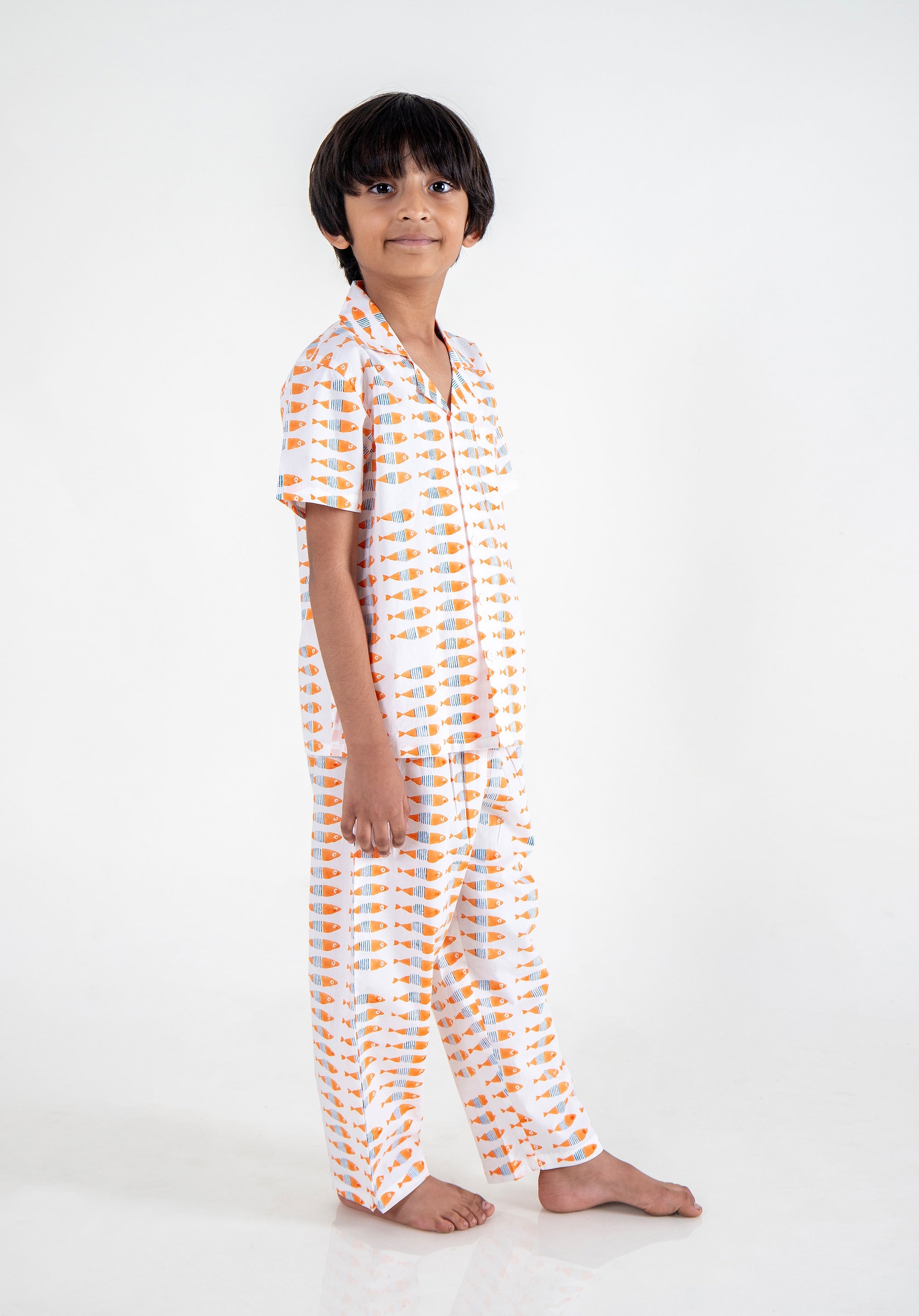 Block Printed Nightsuit Fish Orange