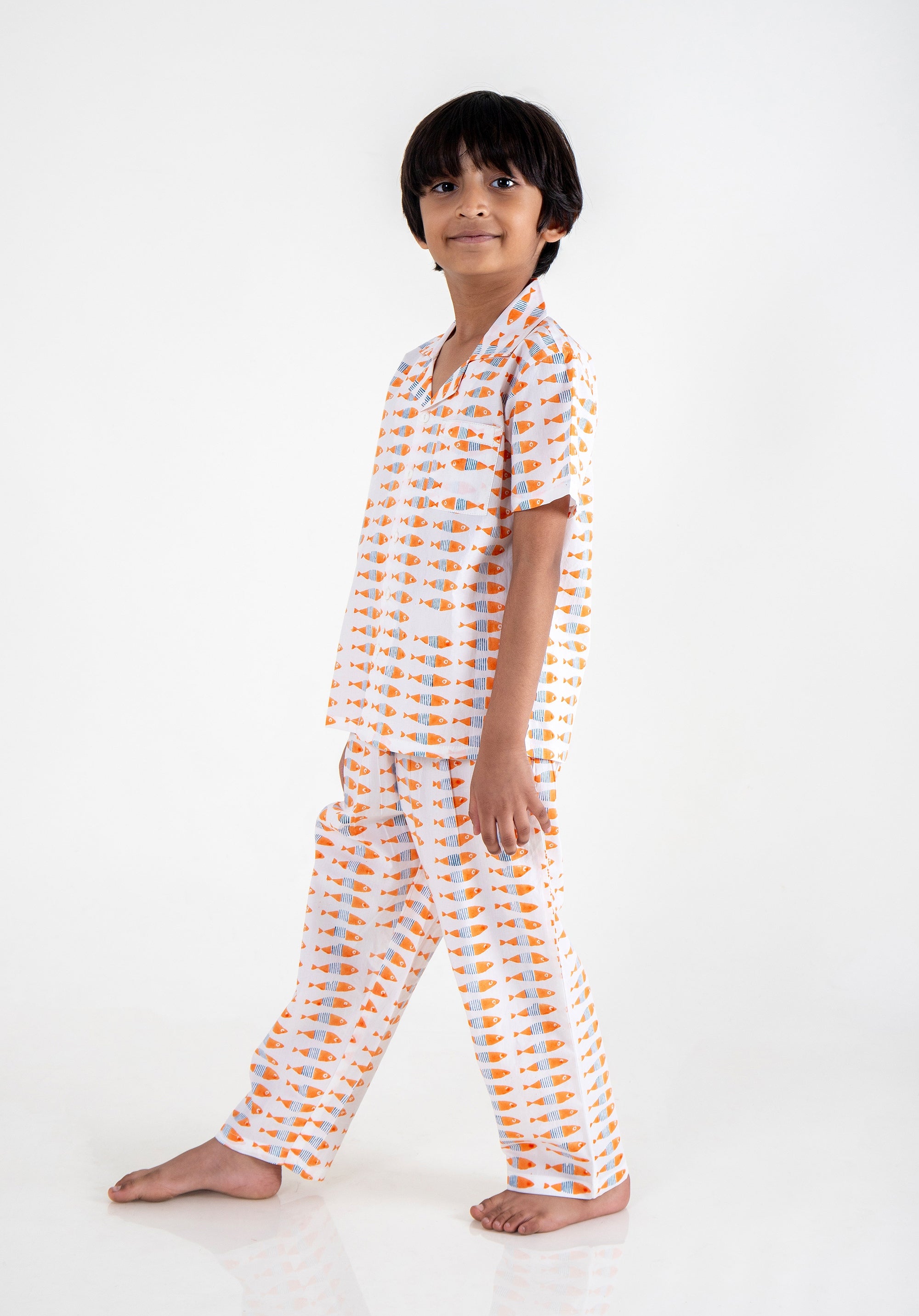 Block Printed Nightsuit Fish Orange