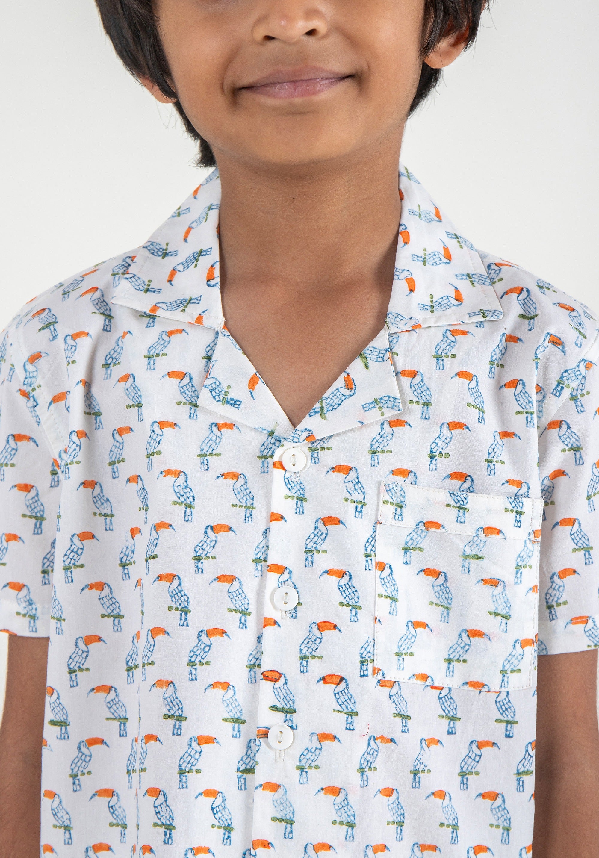 Block Printed Nightsuit Toucan Blue