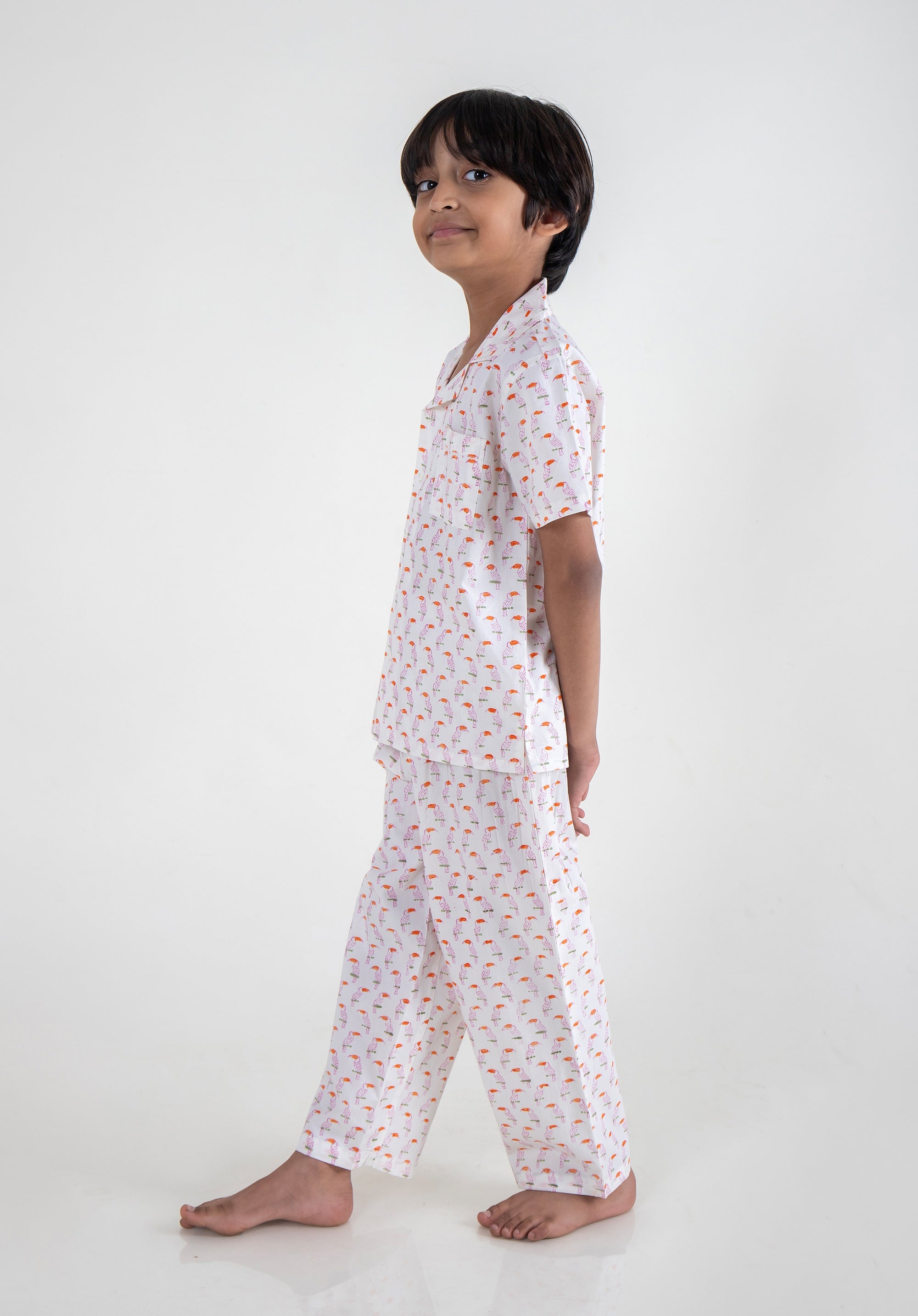 Block Printed Nightsuit Toucan Pink