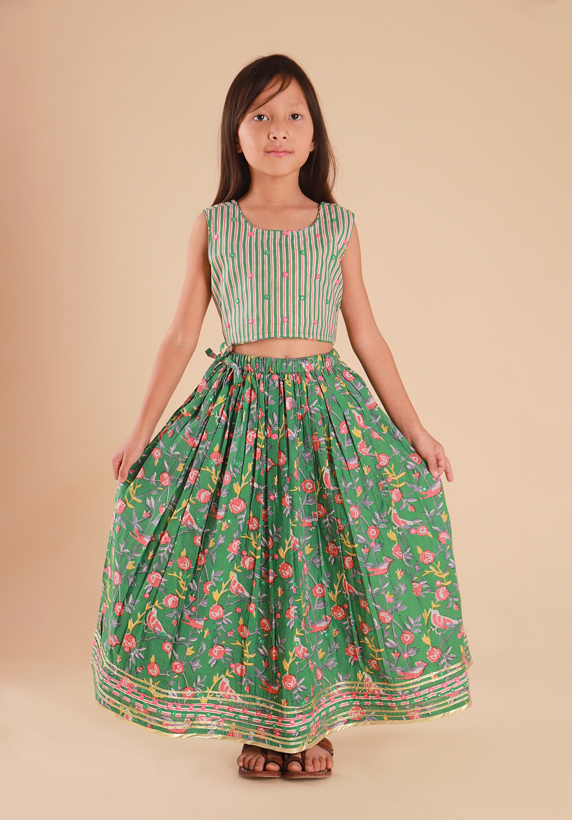 Girls Lehenga Choli Set Madhu Bird Green