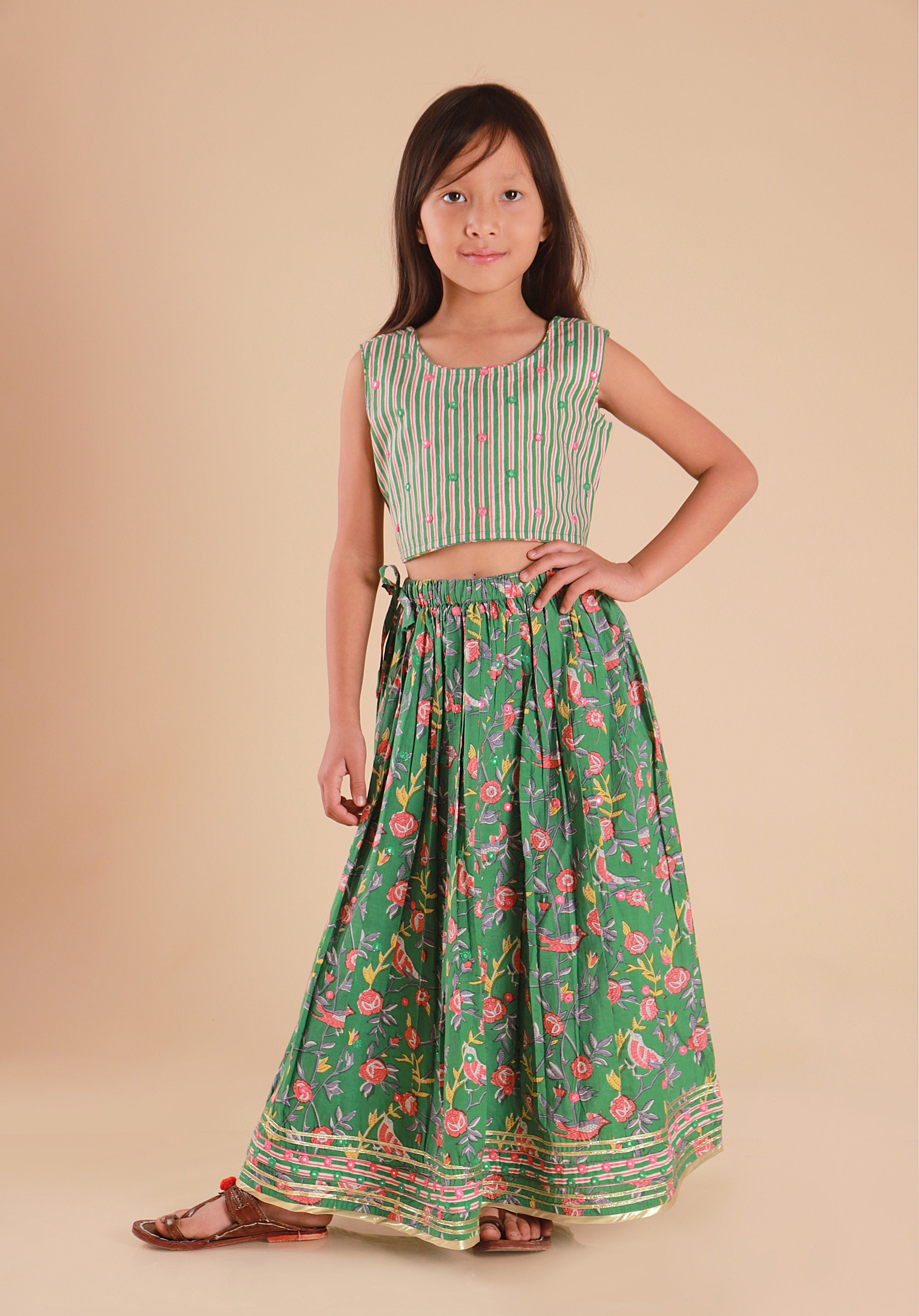 Girls Lehenga Choli Set Madhu Bird Green