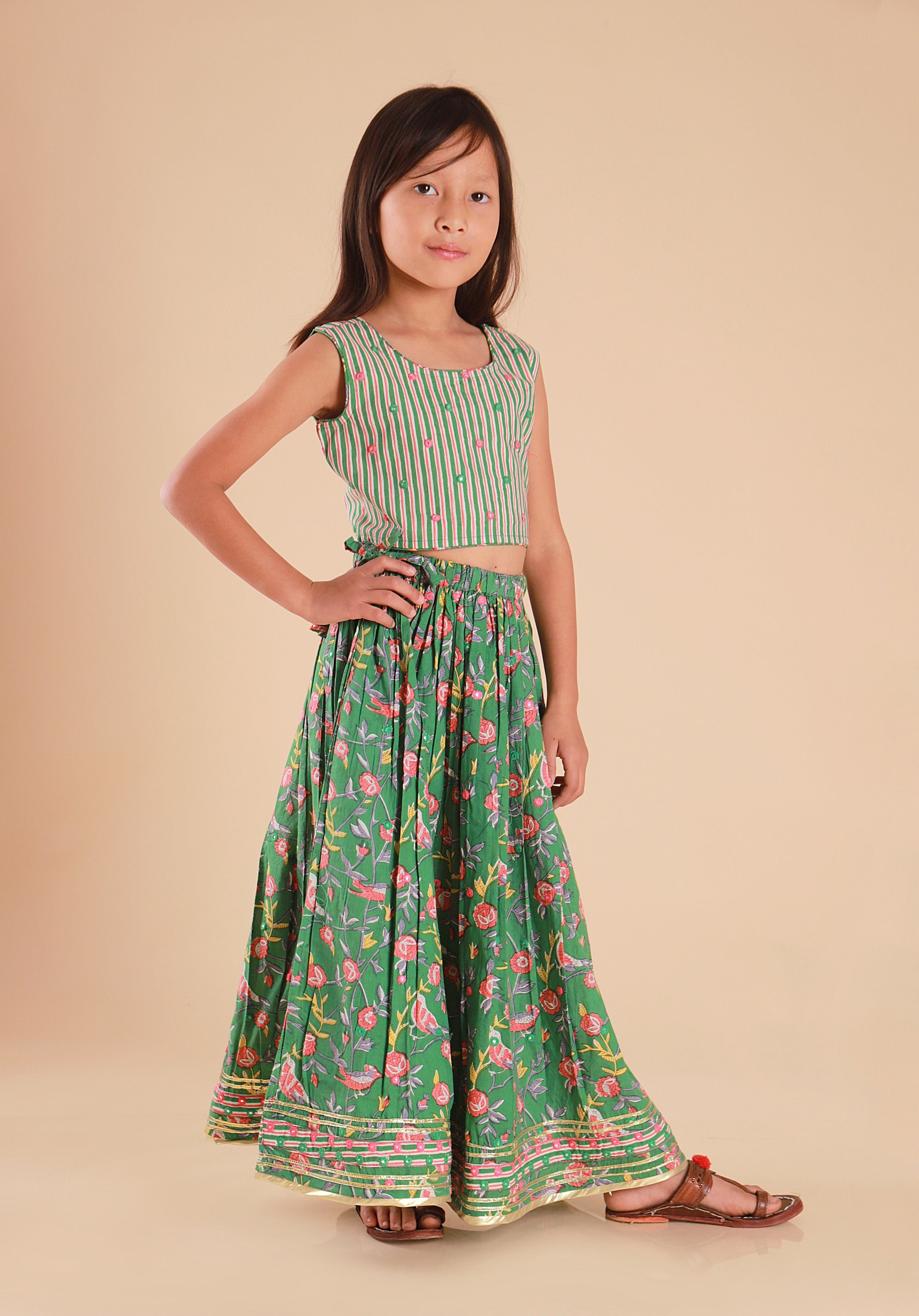 Girls Lehenga Choli Set Madhu Bird Green